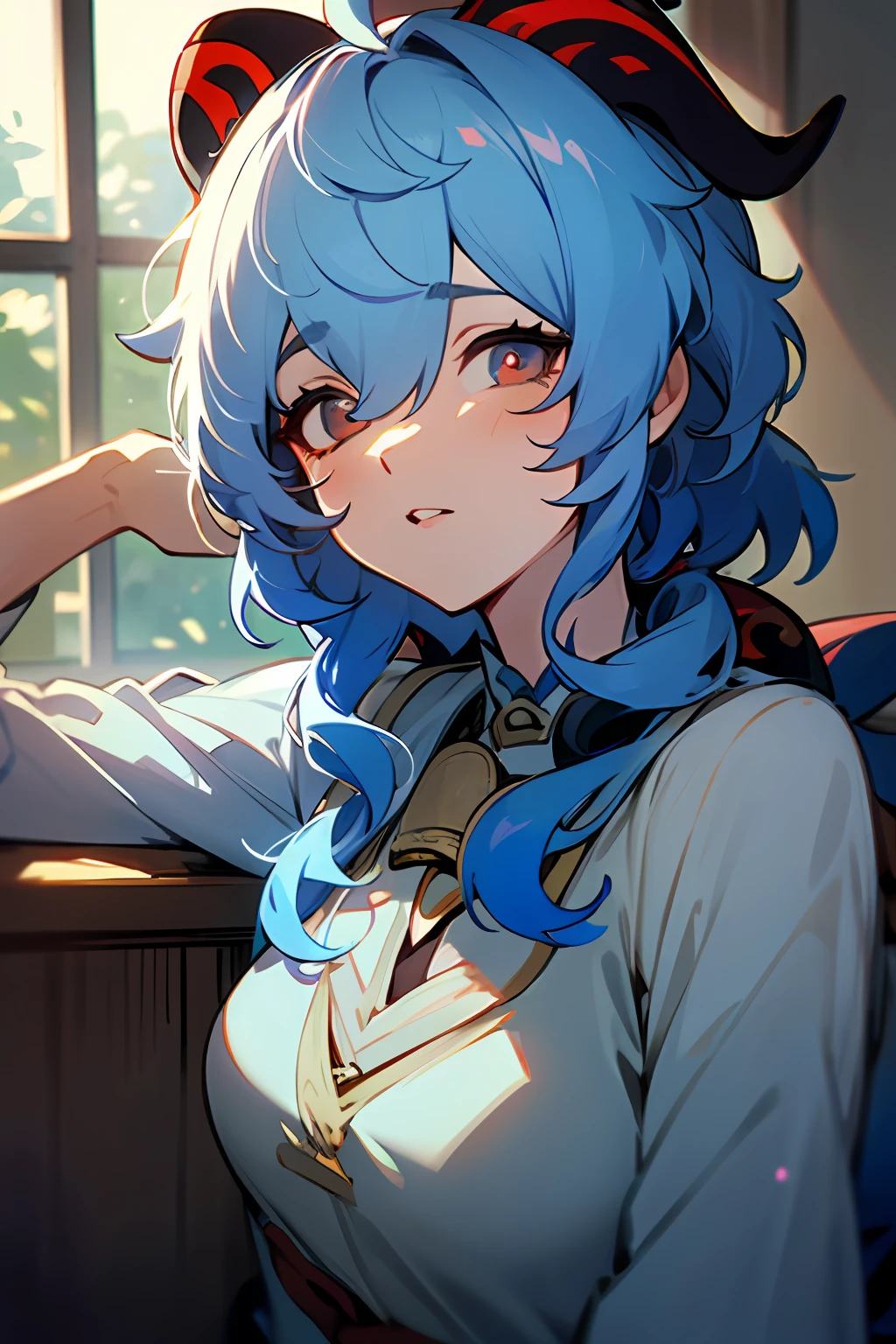 masterpiece, best quality, 4k, ultra detailed, finely detailed face and eyes, cinematic lighting, sunlight through window, viewer on top,
 ganyu \(genshin impact\), blue hair, pajamas, ((dark circles around eyes)), a sleepy girl yawn from bed in bedroom, clock,