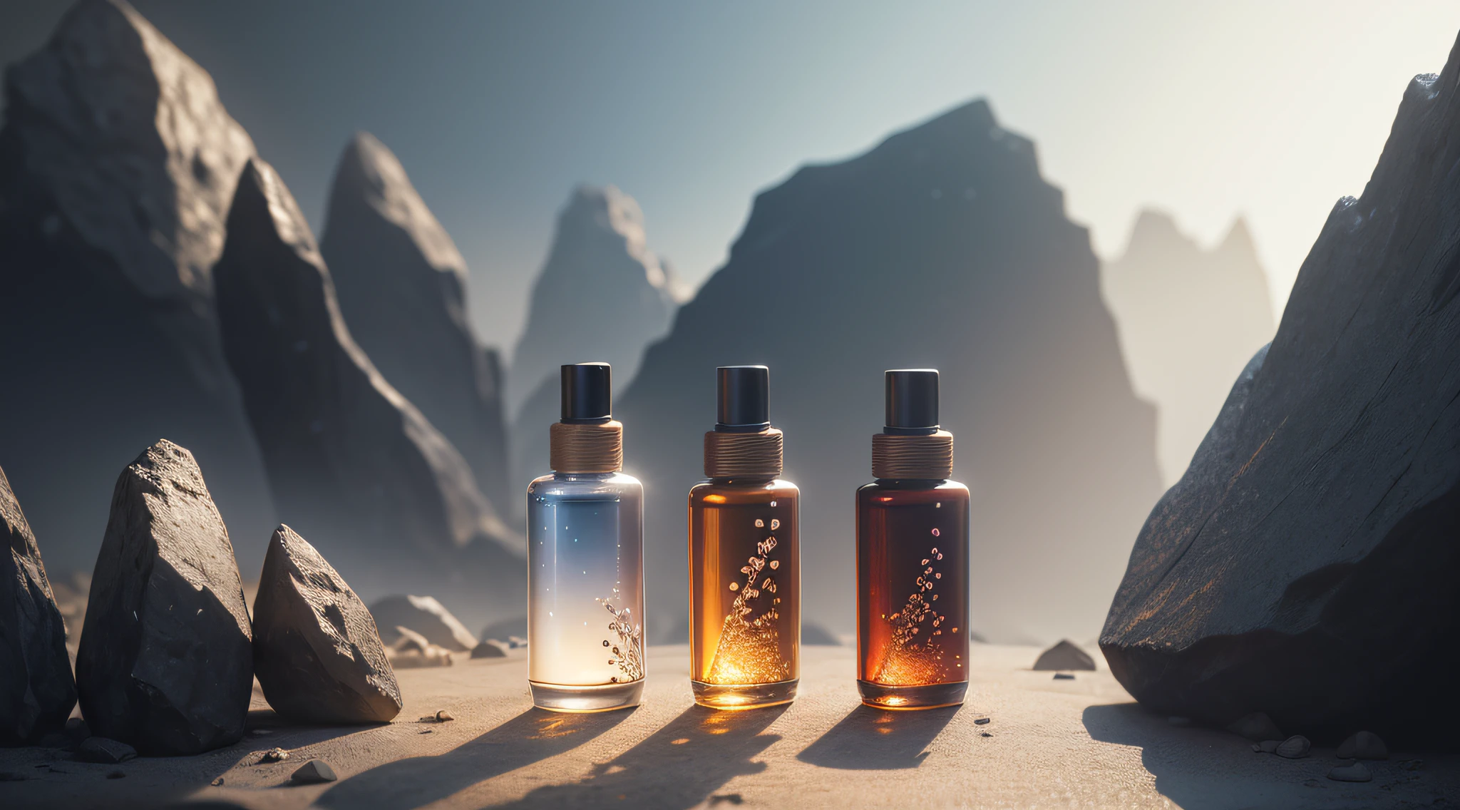 In front of Alafeld were placed two bottles of cosmetics,The rock surface has an outstanding texture,Light shines obliquely from directly above the frame,Create dramatic lighting effects。The picture is bright and vivid overall,Professional shooting techniques,The details are fine,Feel like you're in a professional product studio。Meticulous and topic-sensitive light and shadow processing,Presents high-quality product photography。ao mesmo tempo,The sparkling crystal beads are small and delicate,Add a unique artistic touch to the picture --auto