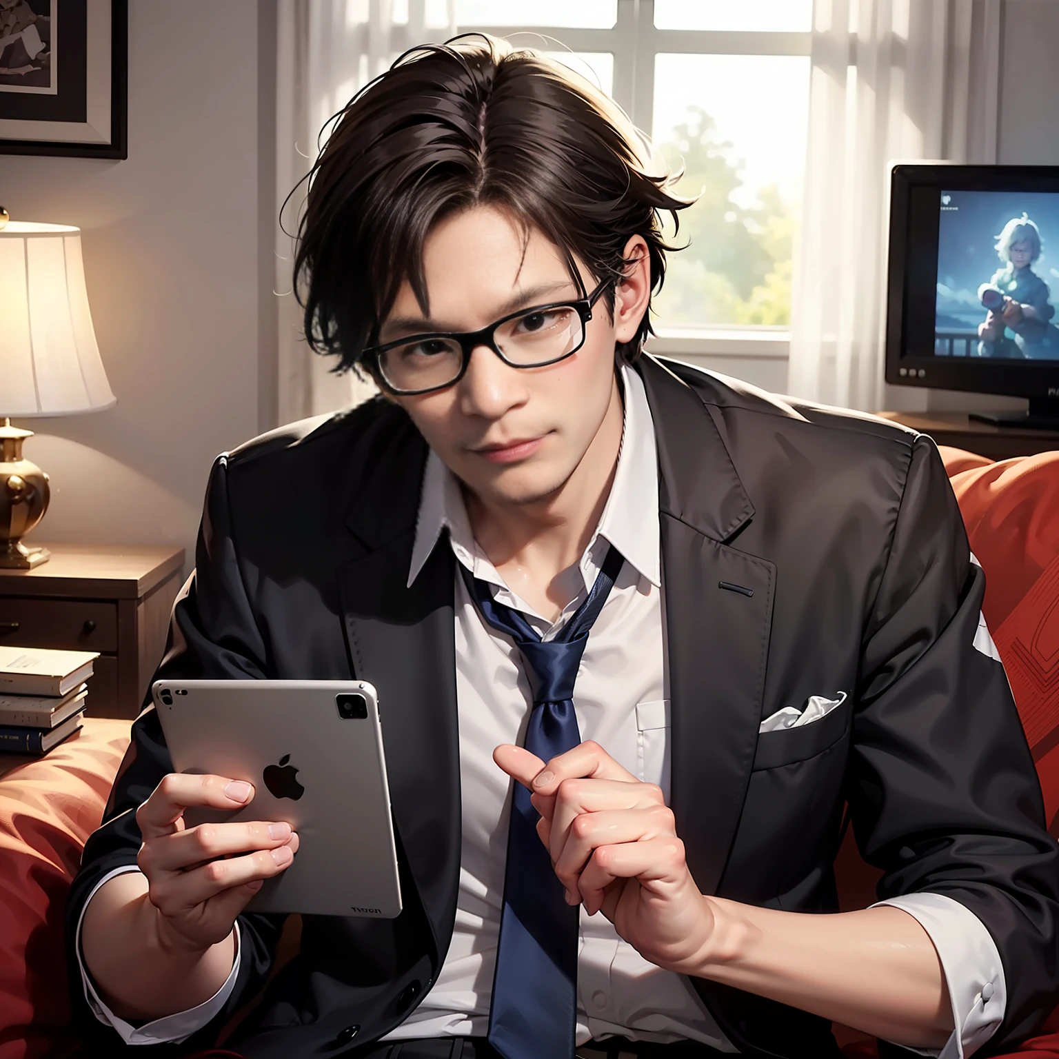 TV Anchor,A man holds a tablet,There is a cat and a cat doll on it,Range Murata and Artgerm,Artgerm JSC,Masayoshi Suto and artgerm,official character illustration,ArtGerm和Ben Lo,artgerm and ilya kushinov,Stephen Lau和ArtGerm,world boss kitten,Mobile game art,TV Anchor,Bust portrait illustration,Alone,Black formal suit,a blue tie,The face is slightly chubby,Silver glasses,The face was clean,without a beard,Black super short hair,Black eyes,Smile confidently,3C computer sub-products,iPad, iphone,Digital painting,3D character design by Akira Toriyama and Mark Claireden and Pixar and Hayao Miyazaki,The illustration is a high-definition illustration in 4K resolution,With very detailed facial features and cartoon-style visuals。