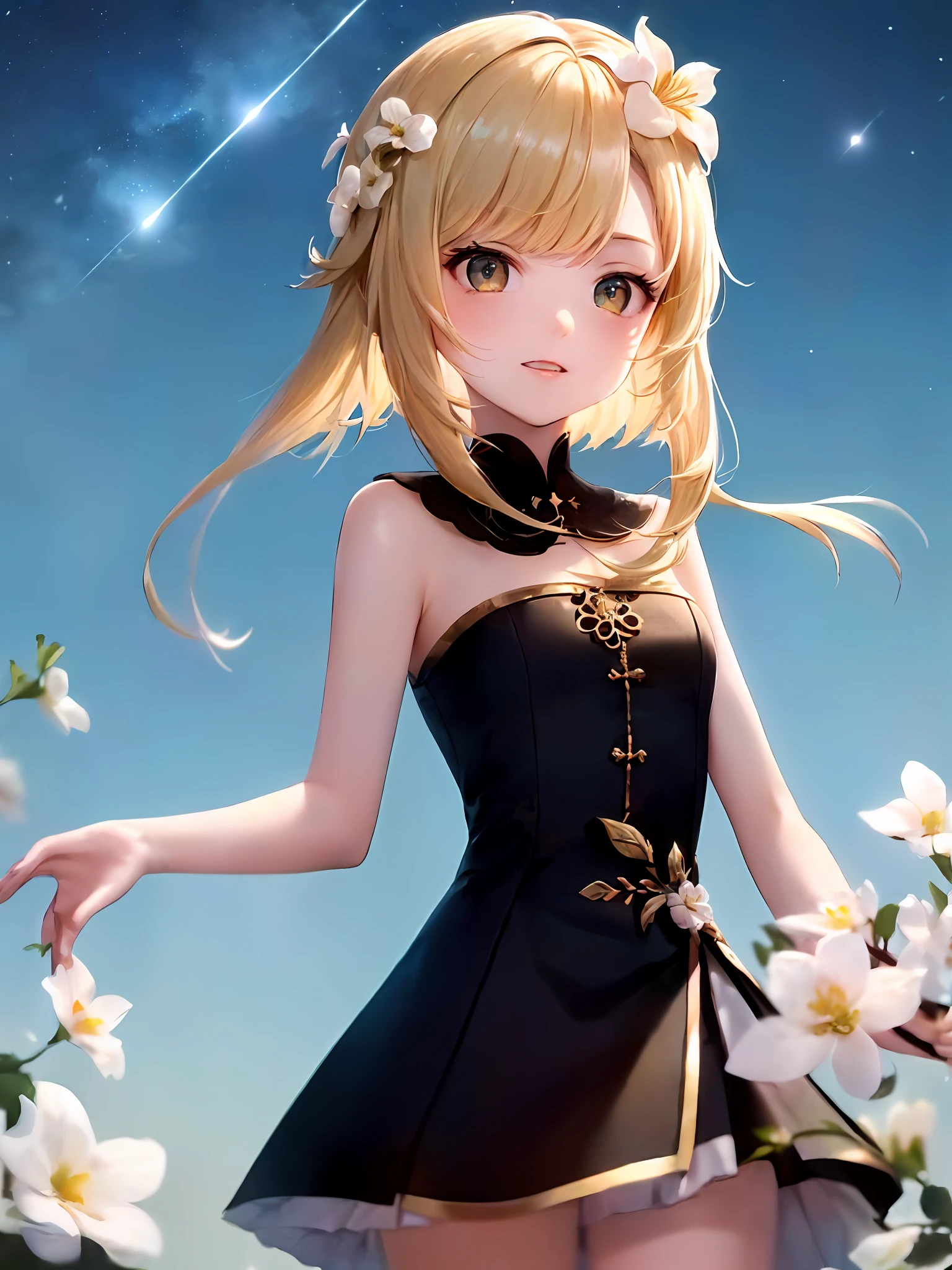 (巨作:1.2), (Best quality:1.2), 1girll, (Single person:1.2)，Cowboy shot, Upper body body，(Cinematic light:1.2)，(Perfect Hand 1.5)， Slender beautiful legs，Golden hair，short detailed hair，Wear white flowers on your head，Playful，Hide hands，(Prairie under the stars:1.2)，lumnious_Genshin_impact,