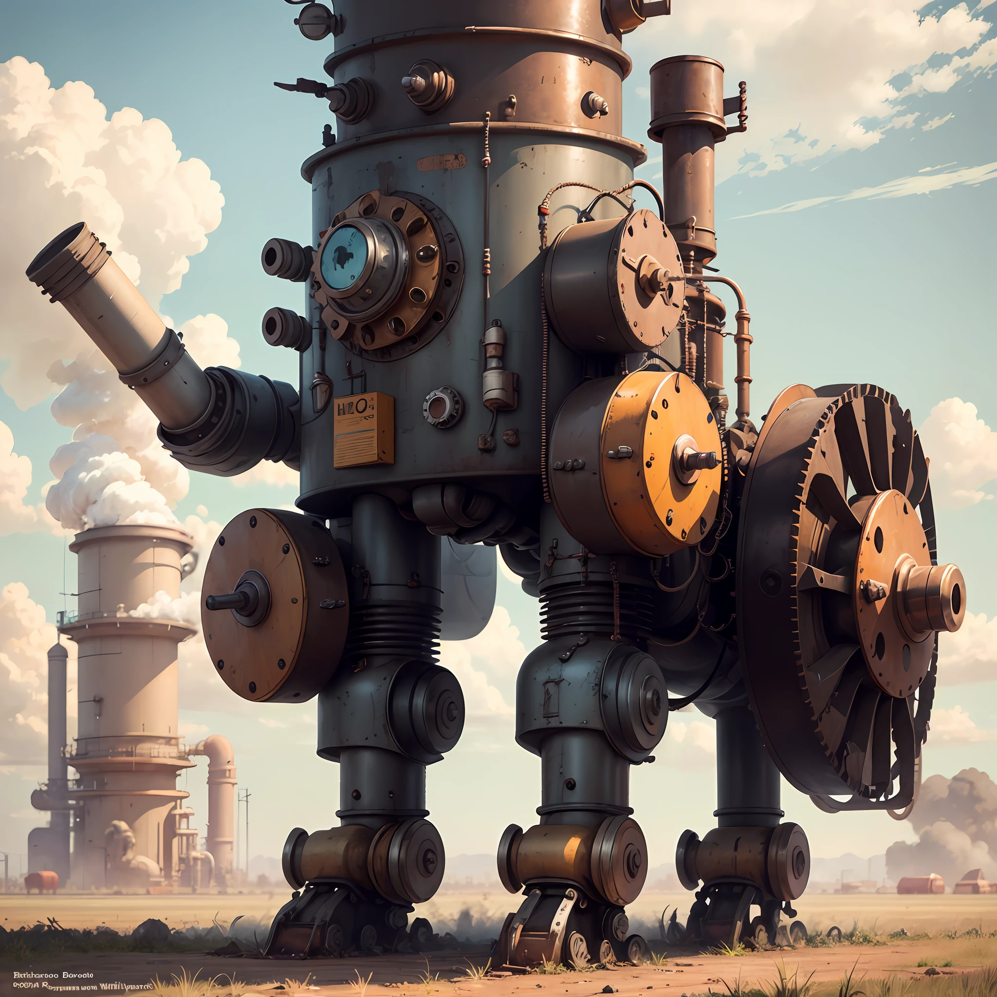 Vintage steam industrial gear leaking robot walking on plains,There is a boiler burning in the chest