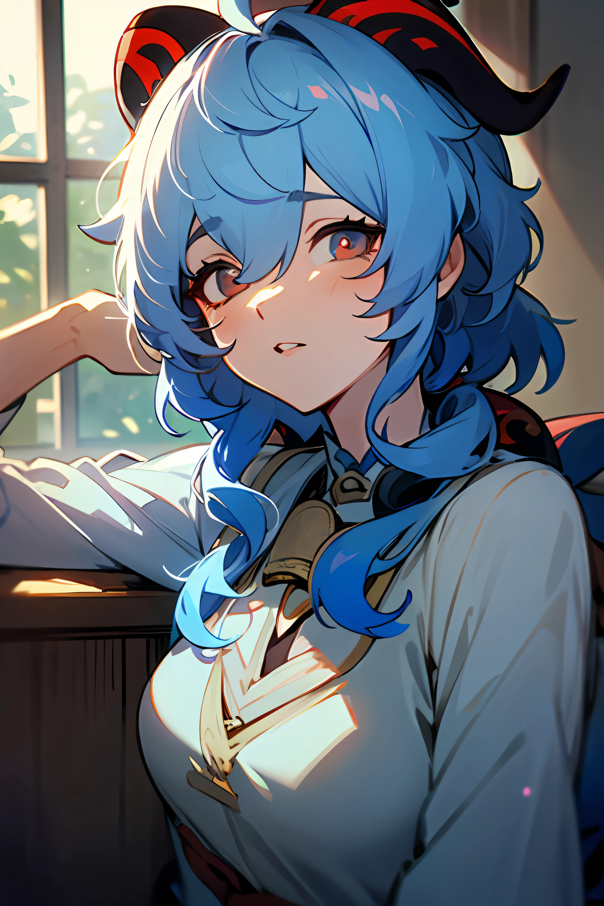 masterpiece, best quality, 4k, ultra detailed, finely detailed face and eyes, cinematic lighting, sunlight through window, viewer on top,
ganyu \(genshin impact\), blue hair, pajamas, ((dark circles around eyes)), a sleepy girl yawn from bed in bedroom, clock,