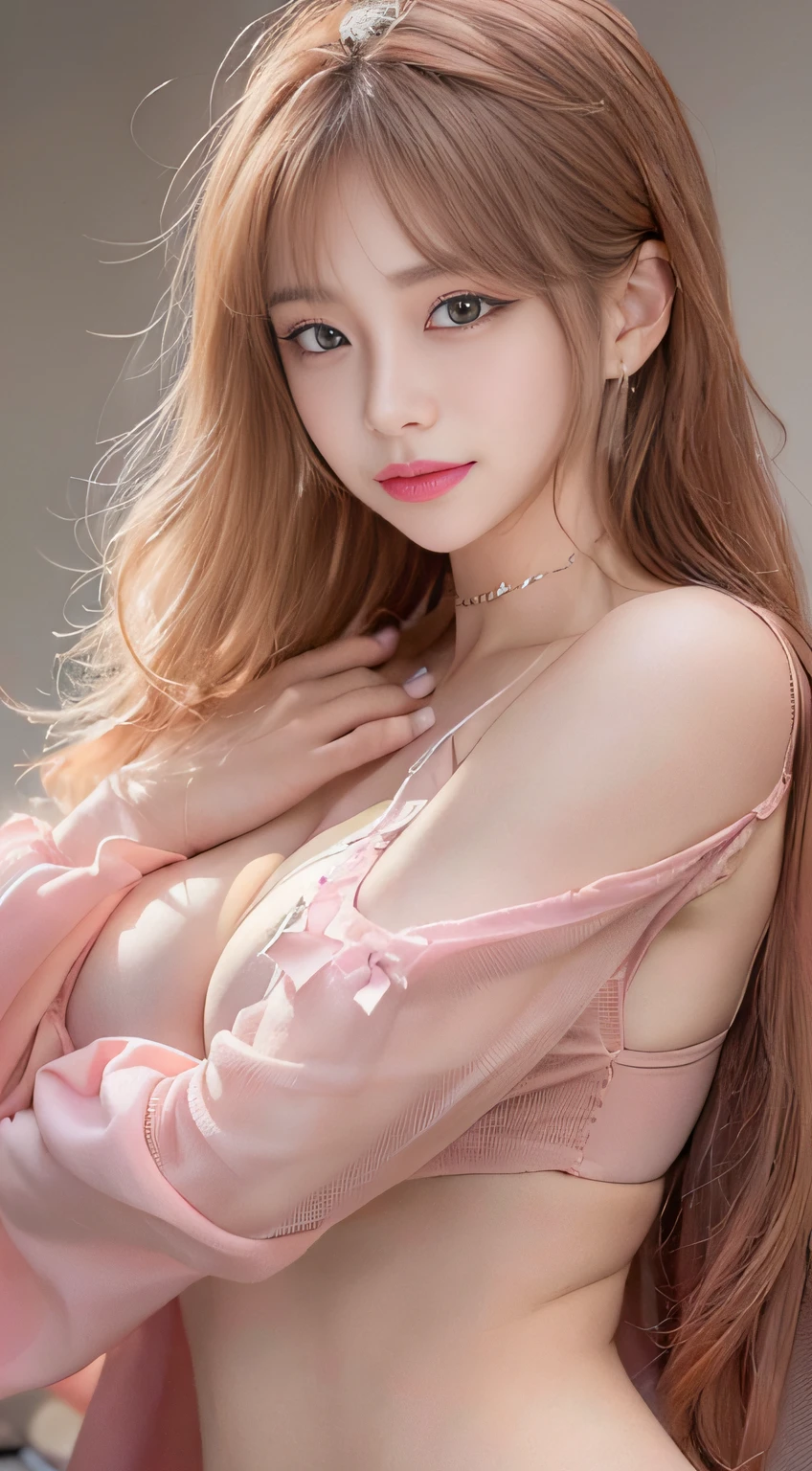 2girl, top quality, masterpiece, illustration, very delicate and beautiful, very detailed, CG, unity, 8k wallpaper, amazing, attention to detail, masterpiece, top quality, official art, highly detailed CG unity 8k wallpaper, ridiculous, unbelievably ridiculous, huge file size, very detailed, high resolution, very detailed, beautiful detailed woman, very detailed eyes and face, beautiful detailed eyes, (RAW photos, top quality), (realistic, photorealistic: 1.3), full body, full body shot, pink ultra-small micro lingerie, small lingerie, (((medium breasts)),((side breasts, lower breasts, hammy breasts)))), thigh spacing, (triangular face)), ((light brown hair)), long hair, long hair, (big drooping eyes), ((puffy eyes) ), ((medium breasts))), ((delusional)), (K-pop idol), (attractive), bangs, skinny, ((pose)), (laughs), happiness, looking at the viewer, facing the front, ((valley))), waist contraction, sexy, young, sagging eye makeup, seduction, eyeliner, long eyelashes, blush cheeks, sparkling lips, smile, emphasis, crotch accentuation, medium breasts, pink girl, fashion show, dynamic lighting, trying to take off, lying down completely, open legs spread wide,