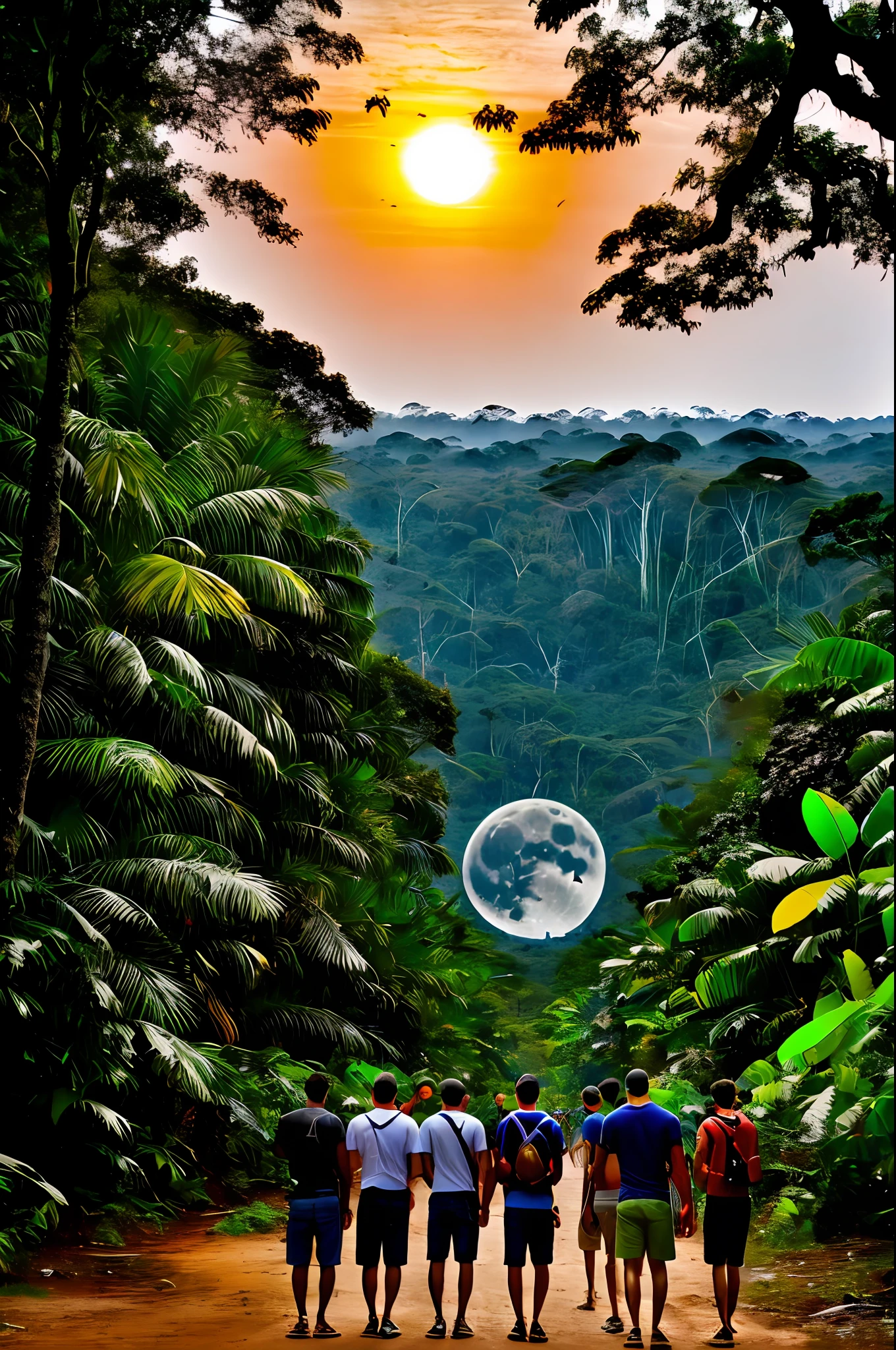 Friends are positioned in a circle amid the Amazon rainforest illuminated by the full moon His keen eyes probe the horizon.