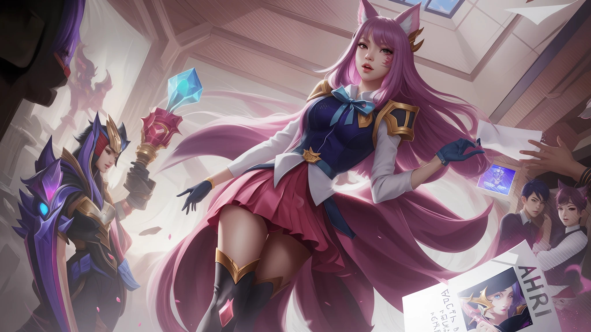 Anime characters are standing in a room with a large screen, Ahri, Retrato de Ahri, Serafim Ahri KDA, Ahri, de League of Legends, Artgerm extremamente detalhado, KDA, raposa nobushi, estilo artgerm, Arte do personagem de League of Legends, Artgerm Plano, de League of Legends, Arte estilo League of Legends