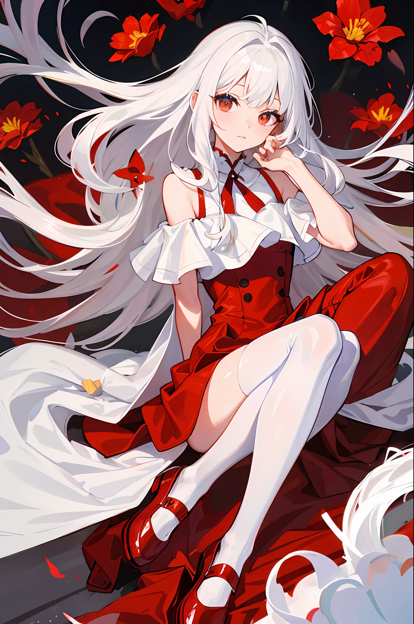 Kizi,long white hair,bloods,A sea of red flowers,Red and white dress,white stockings,Red leather shoes