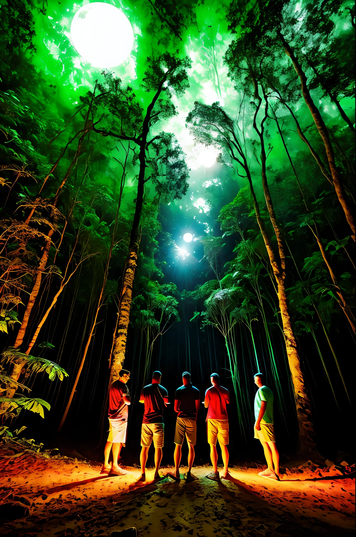 Friends are positioned in a circle amid the Amazon rainforest illuminated by the full moon His keen eyes probe the horizon.