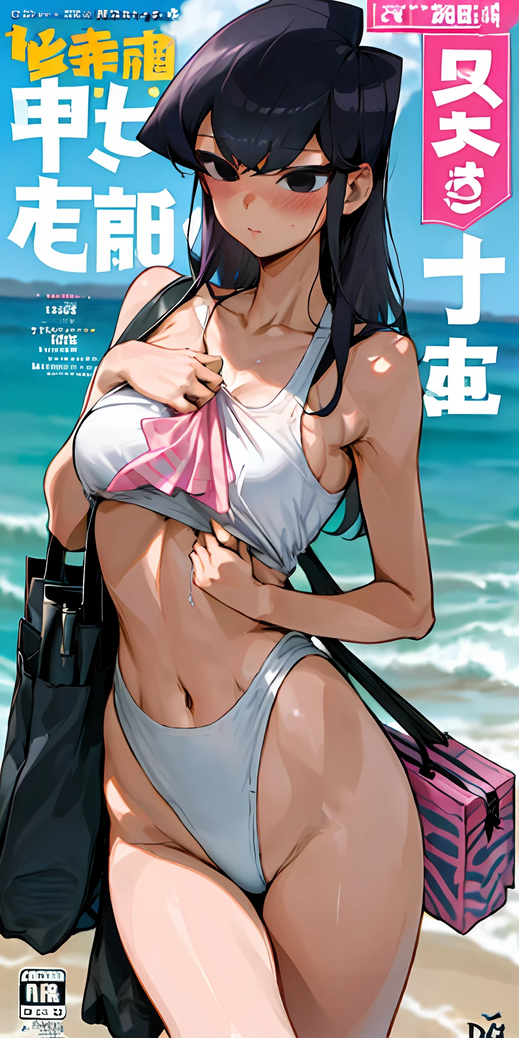 komi shouko,Hanging bag erotic underwear，A MILF，Slim and healthy body shape，D-cups，Pink and rosy skin，exposing her chest，Exposing the abdomen，Naked，Gym girl,Fleshy thighs，Comic cover style，Comic title，adolable，Ocean park