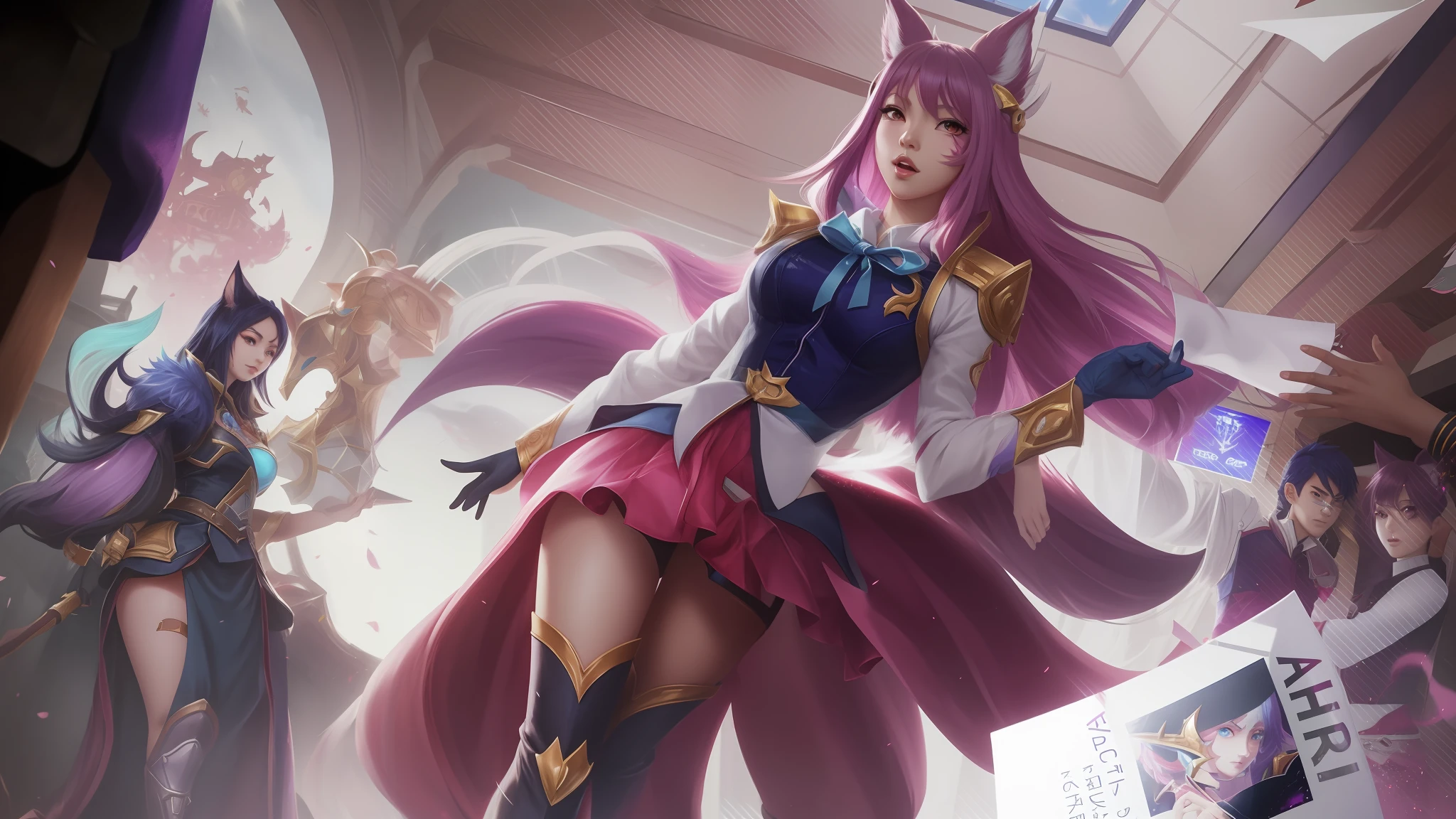 Anime characters are standing in a room with a large screen, Ahri, Retrato de Ahri, Serafim Ahri KDA, Ahri, de League of Legends, Artgerm extremamente detalhado, KDA, raposa nobushi, estilo artgerm, Arte do personagem de League of Legends, Artgerm Plano, de League of Legends, Arte estilo League of Legends