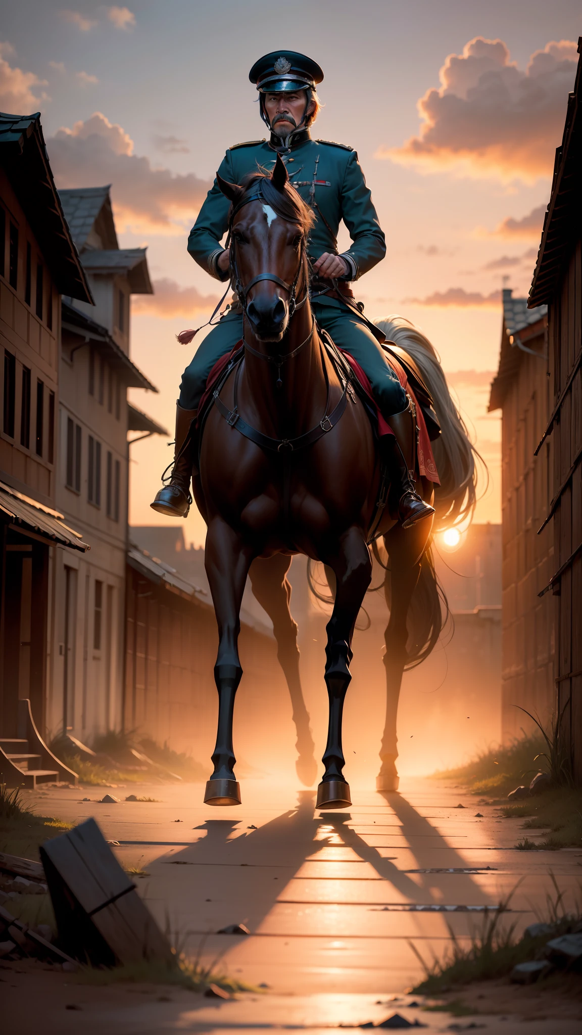 late sunset，The general rode a war horse，Behind it is the city wall，Gray tones