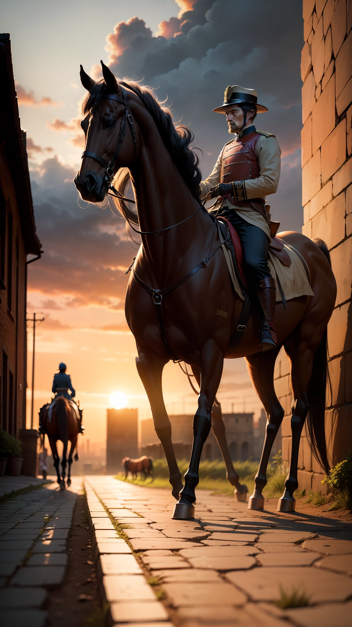 late sunset，The general rode a war horse，Behind it is the city wall，Gray tones