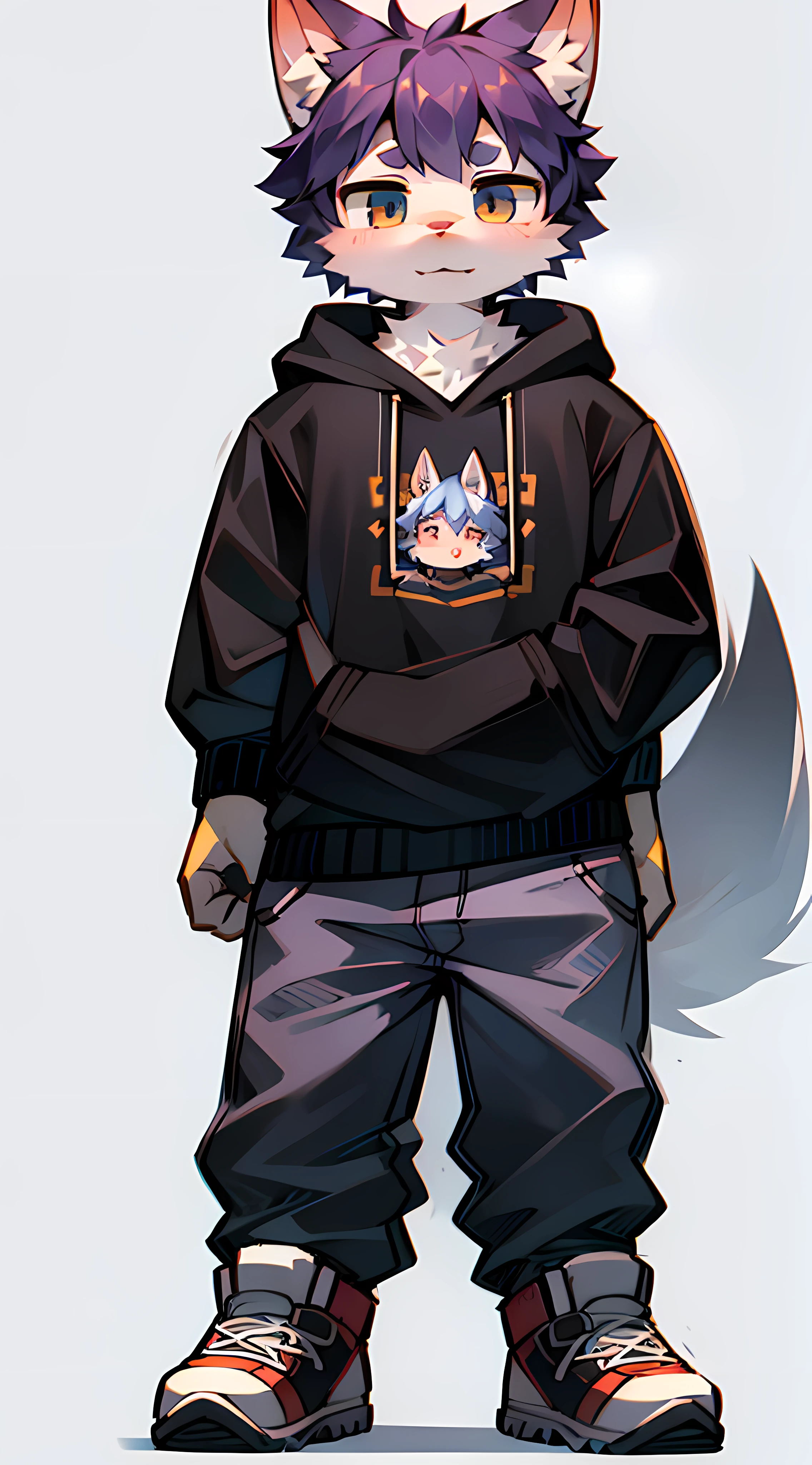 full body Esbian　From head to shoes　Shota　Raise bangs　No bangs　The right outfit　Dobodobo Pants　Oversized high-cut sneakers　Beastman　White ears　Hybrid of wolf and man　kawaii　Deformed　White background　　Stand up straight　Highest image quality　８K　Straight in front　Put your hands down