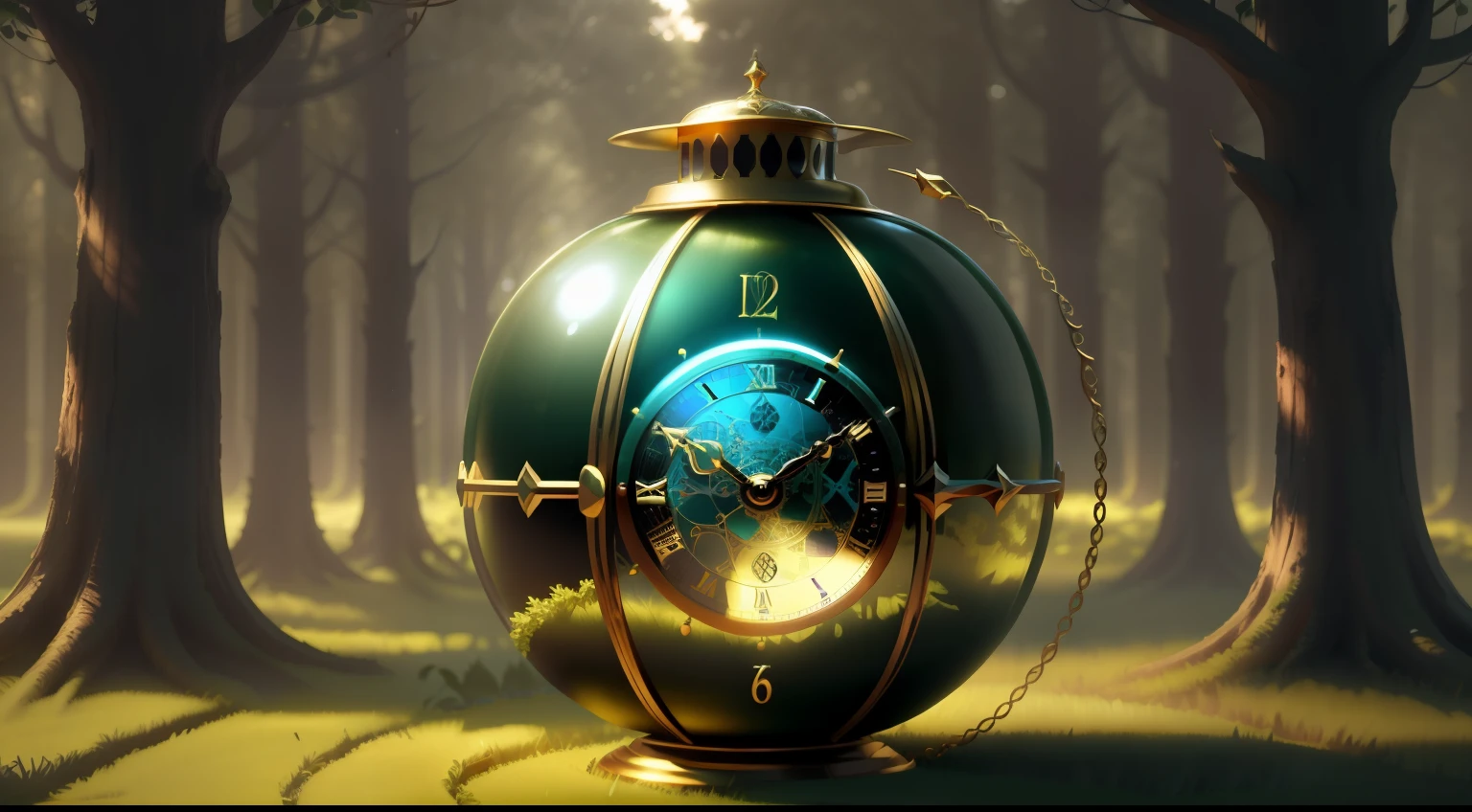 Photo of a large hand holding an antique gold watch, monstro, magia-fantasia-floresta, arte digital, most amazing art in the world, ((sem humanos)), Light Volumetric, cores suaves equilibradas, forest scenario, videiras, uhd, render de octanas 8k, magica, Awesome, ethereal, intrincado, design intrincado, ultra sharp, sombras, cores mais frias, trend in CGSociety, olhos brilhantes, ((melhor qualidade)), ((obra-prima)), (detalhado), antique clock