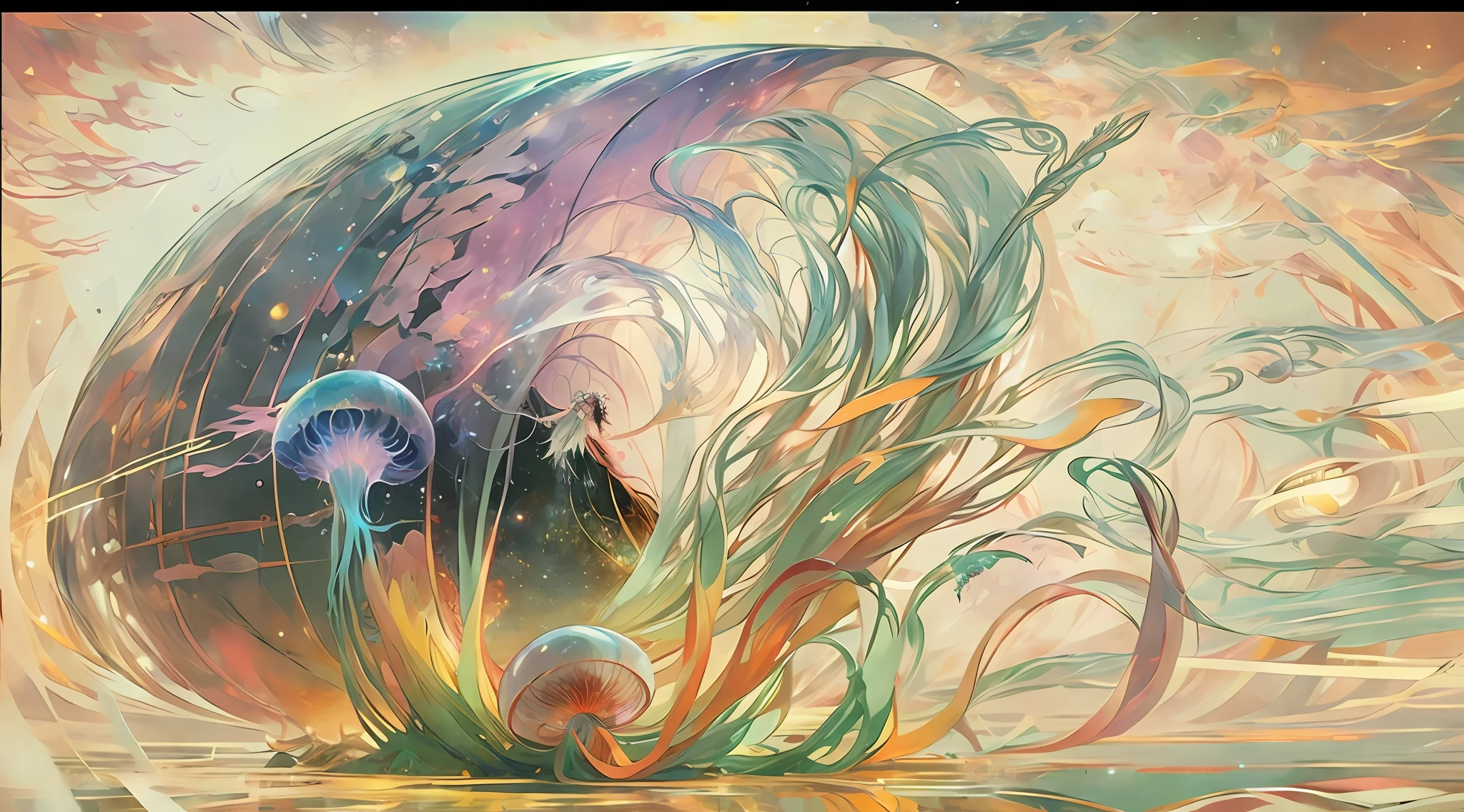 There is a painting,There is a huge ball inside,There is jelly inside, dreamy psychedelic anime, anime art nouveau cosmic display, anime abstract art, mohrbacher, colorful flat surreal ethereal, A beautiful artwork illustration, jellyfish phoenix dragon, jellyfish pheonix, style of peter mohrbacher, jellyfish pheonix, anime land of the lustrous, psychedelic mushrooms dream
