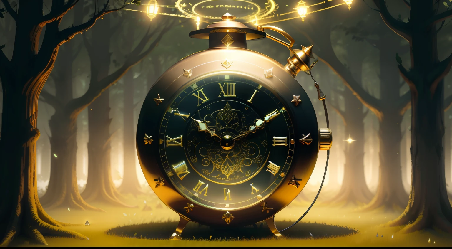 Photo of a large hand holding an antique gold watch, monstro, magia-fantasia-floresta, arte digital, most amazing art in the world, ((sem humanos)), Light Volumetric, cores suaves equilibradas, forest scenario, videiras, uhd, render de octanas 8k, magica, Awesome, ethereal, intrincado, design intrincado, ultra sharp, sombras, cores mais frias, trend in CGSociety, olhos brilhantes, ((melhor qualidade)), ((obra-prima)), (detalhado), antique clock