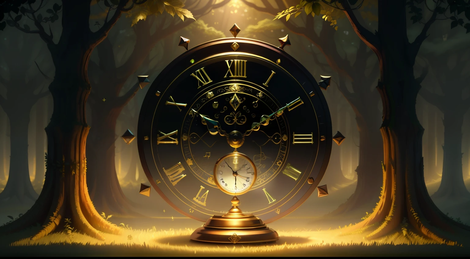 Photo of a large hand holding an antique gold watch, monstro, magia-fantasia-floresta, arte digital, most amazing art in the world, ((sem humanos)), Light Volumetric, cores suaves equilibradas, forest scenario, videiras, uhd, render de octanas 8k, magica, Awesome, ethereal, intrincado, design intrincado, ultra sharp, sombras, cores mais frias, trend in CGSociety, olhos brilhantes, ((melhor qualidade)), ((obra-prima)), (detalhado), antique clock
