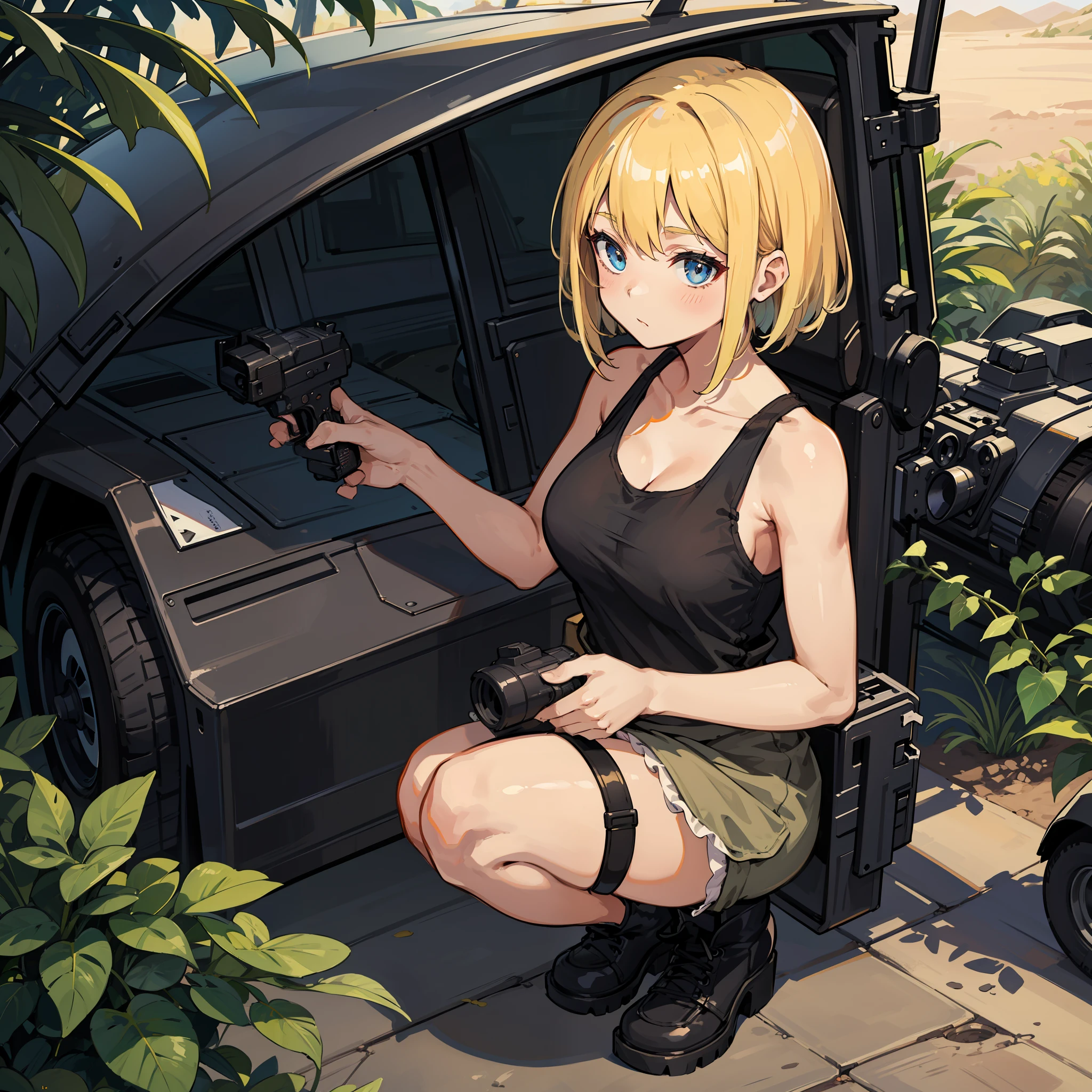 top-quality、​masterpiece、hight resolution、女の子 1 人、Beautiful expression、On the body、(high-detail skin:1.2)、8K UHD、Digital SLR、Soft lighting、hightquality、volume illumination、Frankness、hight resolution、4K、8K、Bokeh、mideum breasts、Open fingers、(hair-color:a blond:1)、Bloomer、Tank Tops、goggles、Jungle Boots、Handgun、Wasteland、A desert、jeep、heavy machine gun、Anti-tank guns、