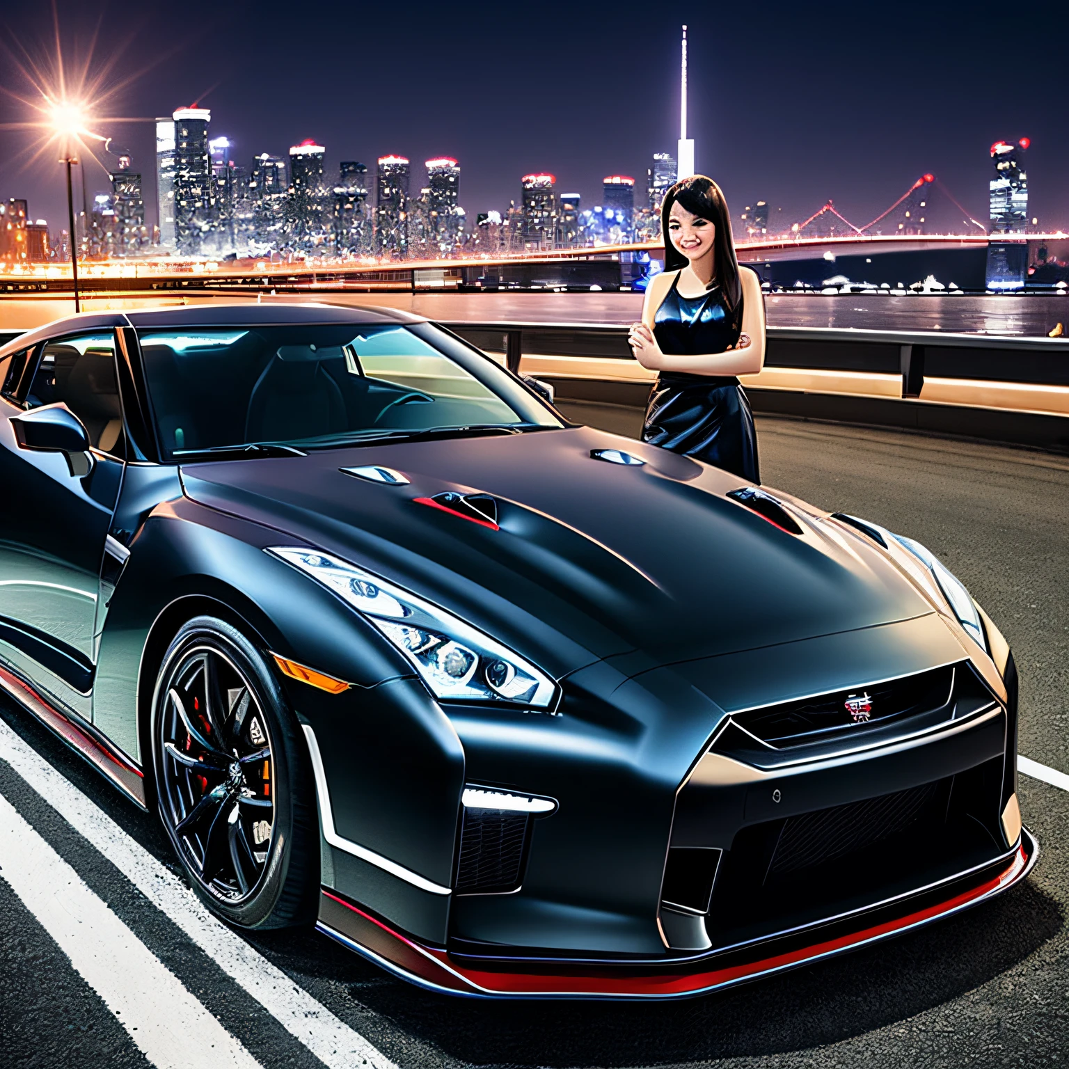 The proud maiden stands in front of the Nissan GTR with a smile,The car shines with a metallic sheen,Behind is a fantastic night view of the city。,full bodyesbian --auto