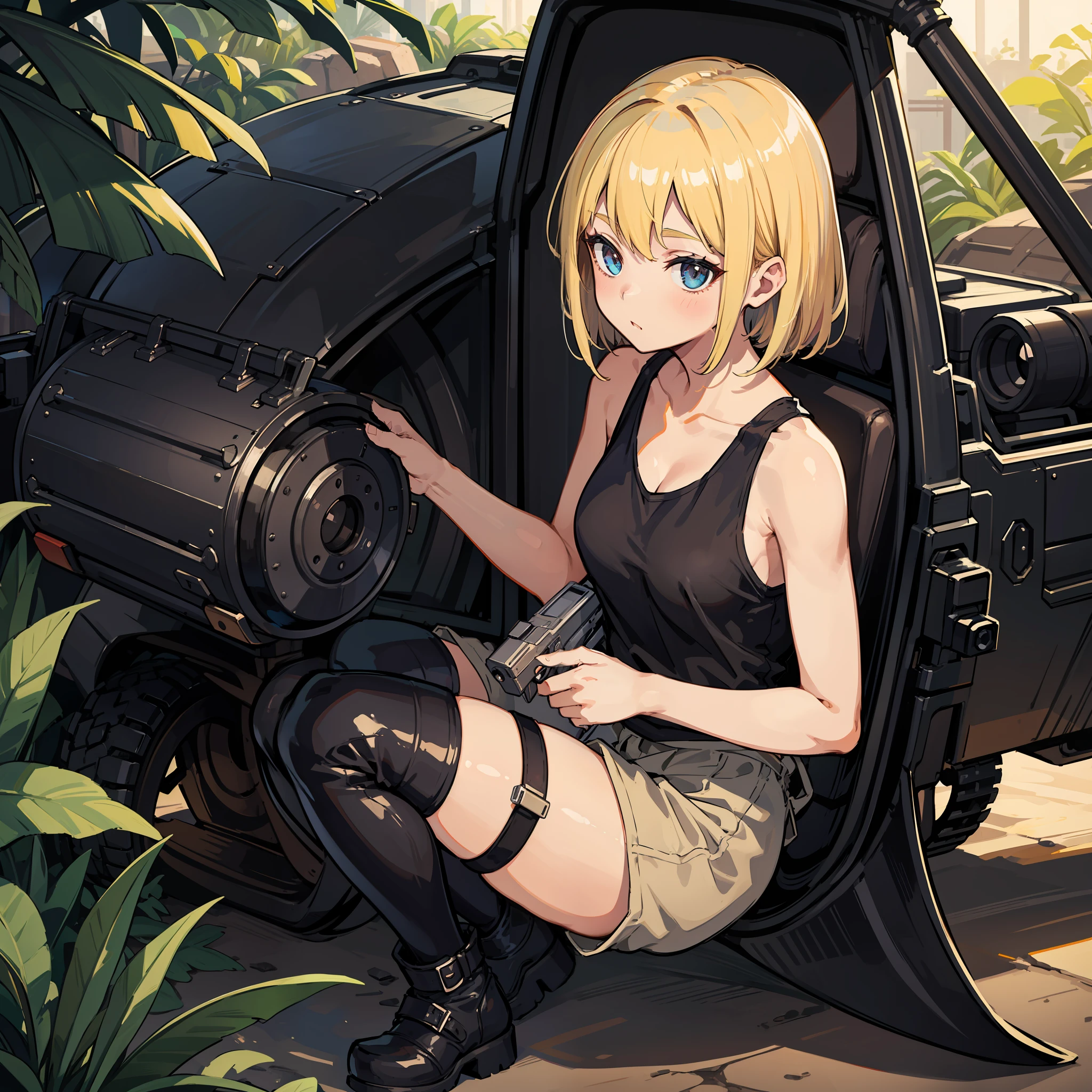 top-quality、​masterpiece、hight resolution、女の子 1 人、Beautiful expression、On the body、(high-detail skin:1.2)、8K UHD、Digital SLR、Soft lighting、hightquality、volume illumination、Frankness、hight resolution、4K、8K、Bokeh、mideum breasts、Open fingers、(hair-color:a blond:1)、Bloomer、Tank Tops、goggles、Jungle Boots、Handgun、Wasteland、A desert、jeep、heavy machine gun、Anti-tank guns、
