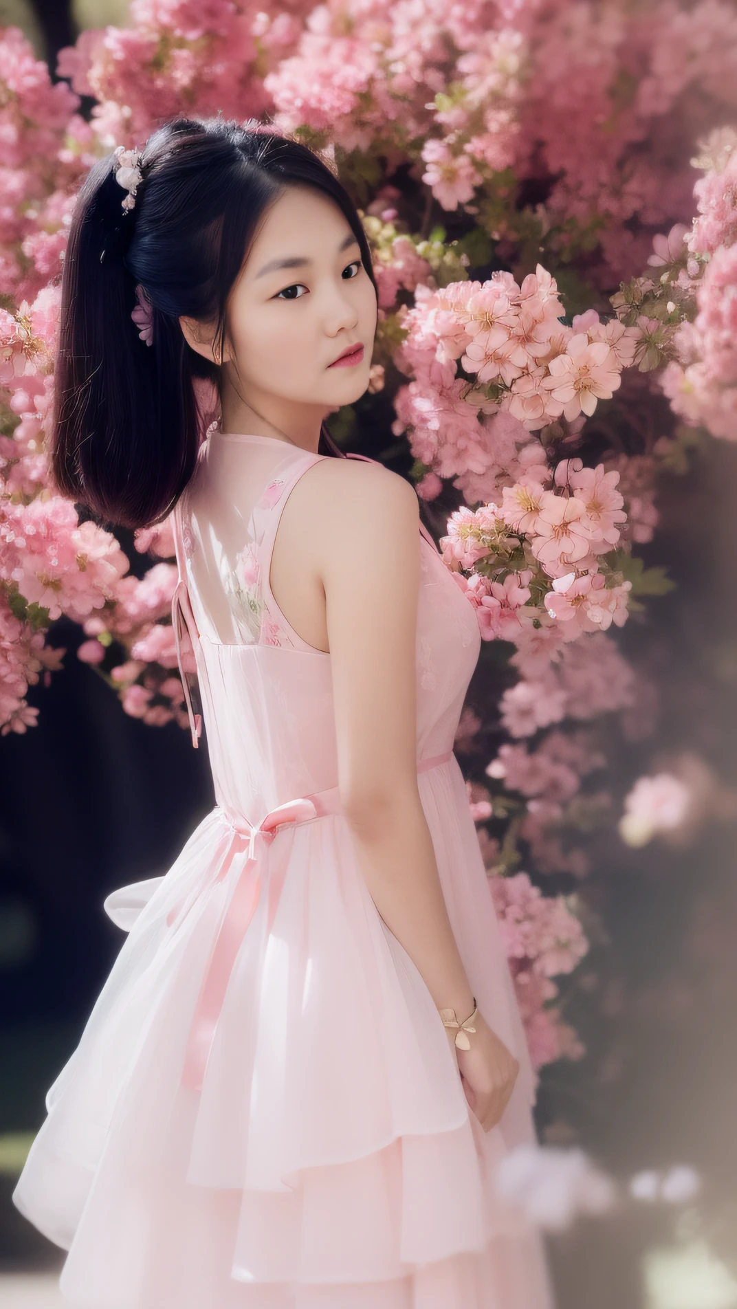 There was a woman in a pink dress standing in front of a tree, in pink forest, wearing a pink dress, mai anh tran, Girl in flowers, Wearing a pink dress, wearing pink floral gown, shaxi, Pink girl, With flowers, Middle metaverse, Asian girl, Beautiful Asian girl, Chinese girl, Beautiful image