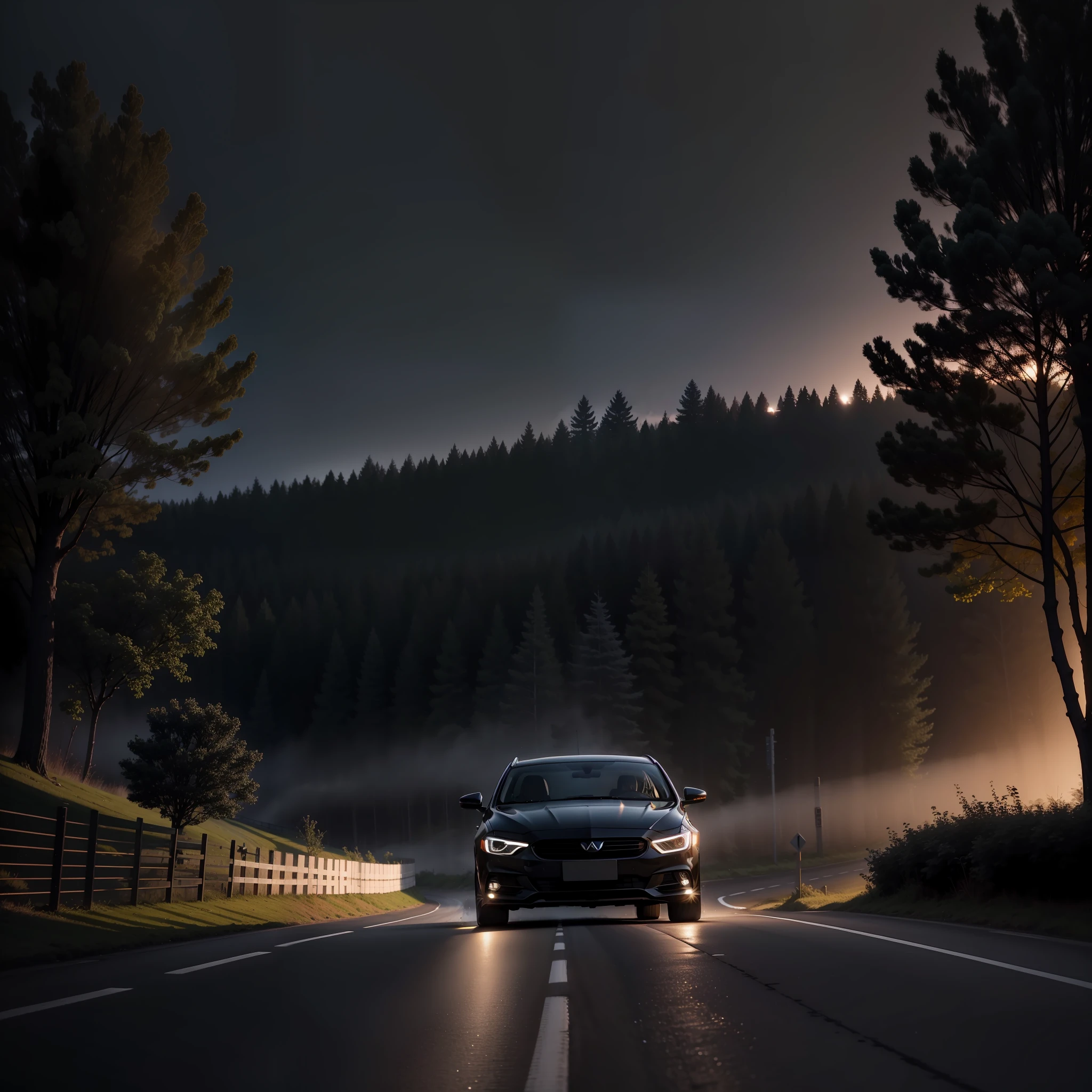 Black car with headlights on country road,front picture,There are trees on both sides,S bend highway,White light,6500K,High quality photos,the night,8K分辨率,simulating,depth of fields,Lens light,mist,The tree --auto