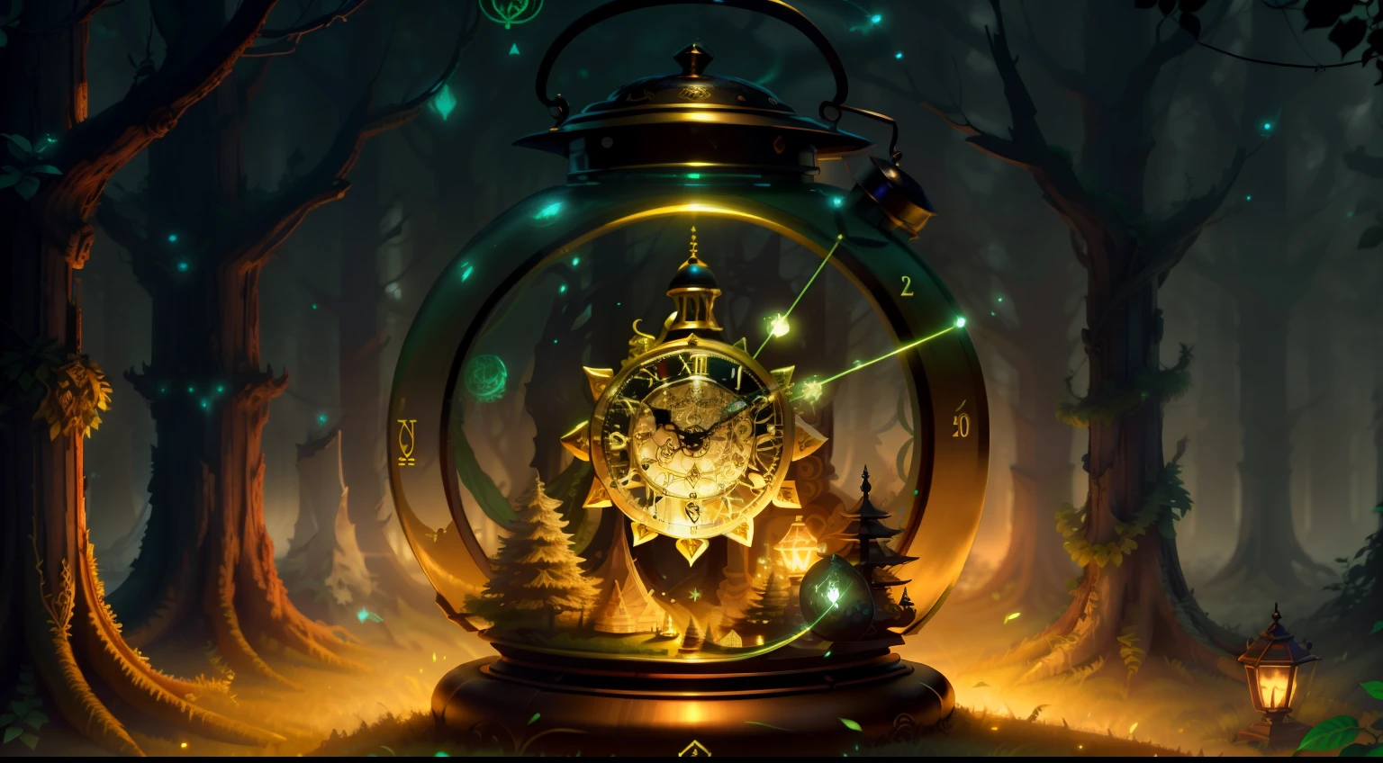 Photo of a large hand holding an antique gold watch, monstro, magia-fantasia-floresta, arte digital, most amazing art in the world, ((sem humanos)), Light Volumetric, cores suaves equilibradas, forest scenario, videiras, uhd, render de octanas 8k, magica, Awesome, ethereal, intrincado, design intrincado, ultra sharp, sombras, cores mais frias, trend in CGSociety, olhos brilhantes, ((melhor qualidade)), ((obra-prima)), (detalhado), antique clock