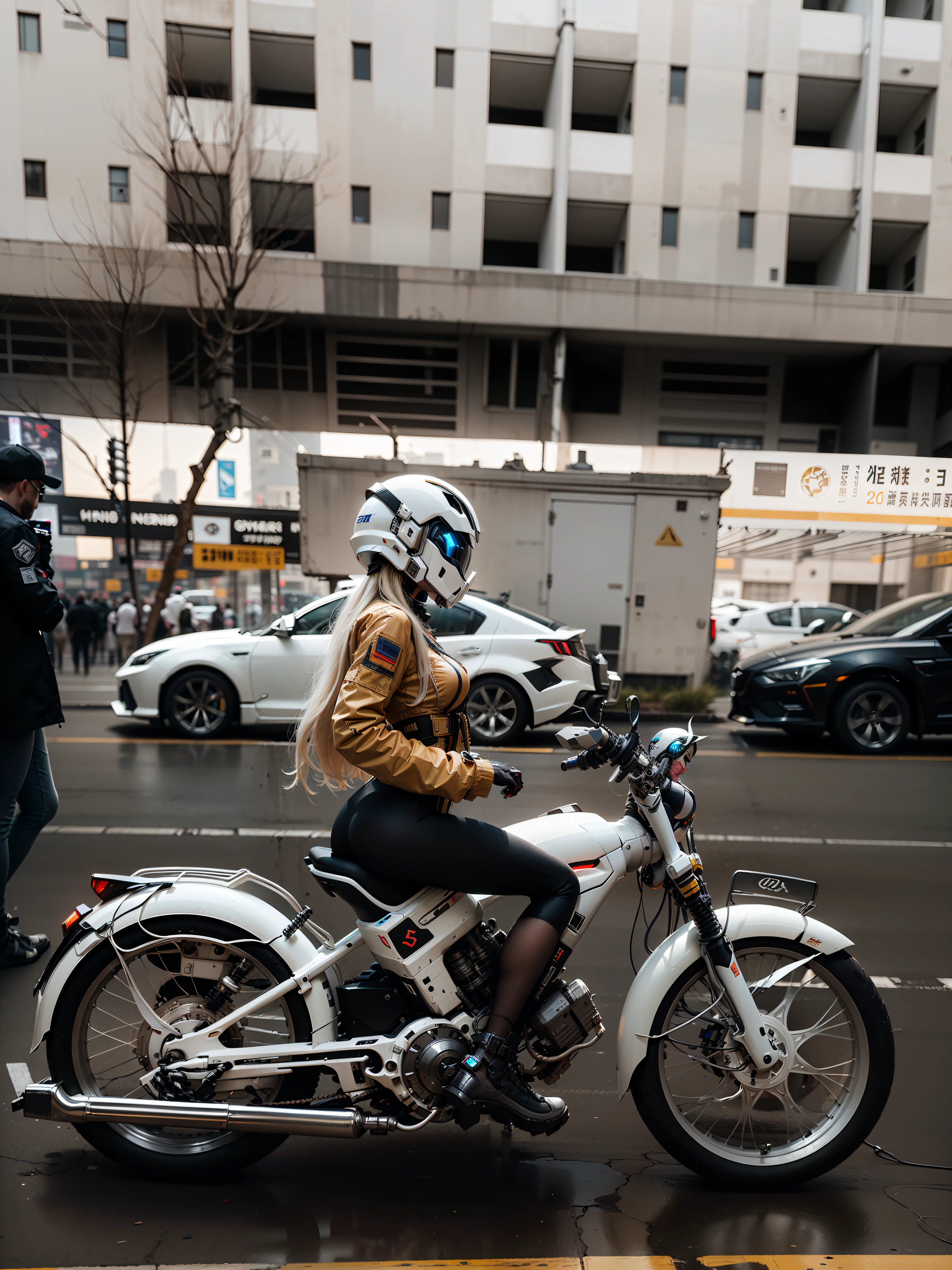 Sexy Cyber Warrior，Long flowing blonde hair，White cyberpunk high-tech mech costume，White cyberpunk faceless helmet，Biomechanicals， MSHN Robot Woman，High-tech helmet，hyper realisitc， Steel， Complex design， insanely details， finely detailled， Extremely clear lines， cinmatic lighting， photograph realistic， A detailed masterpiece