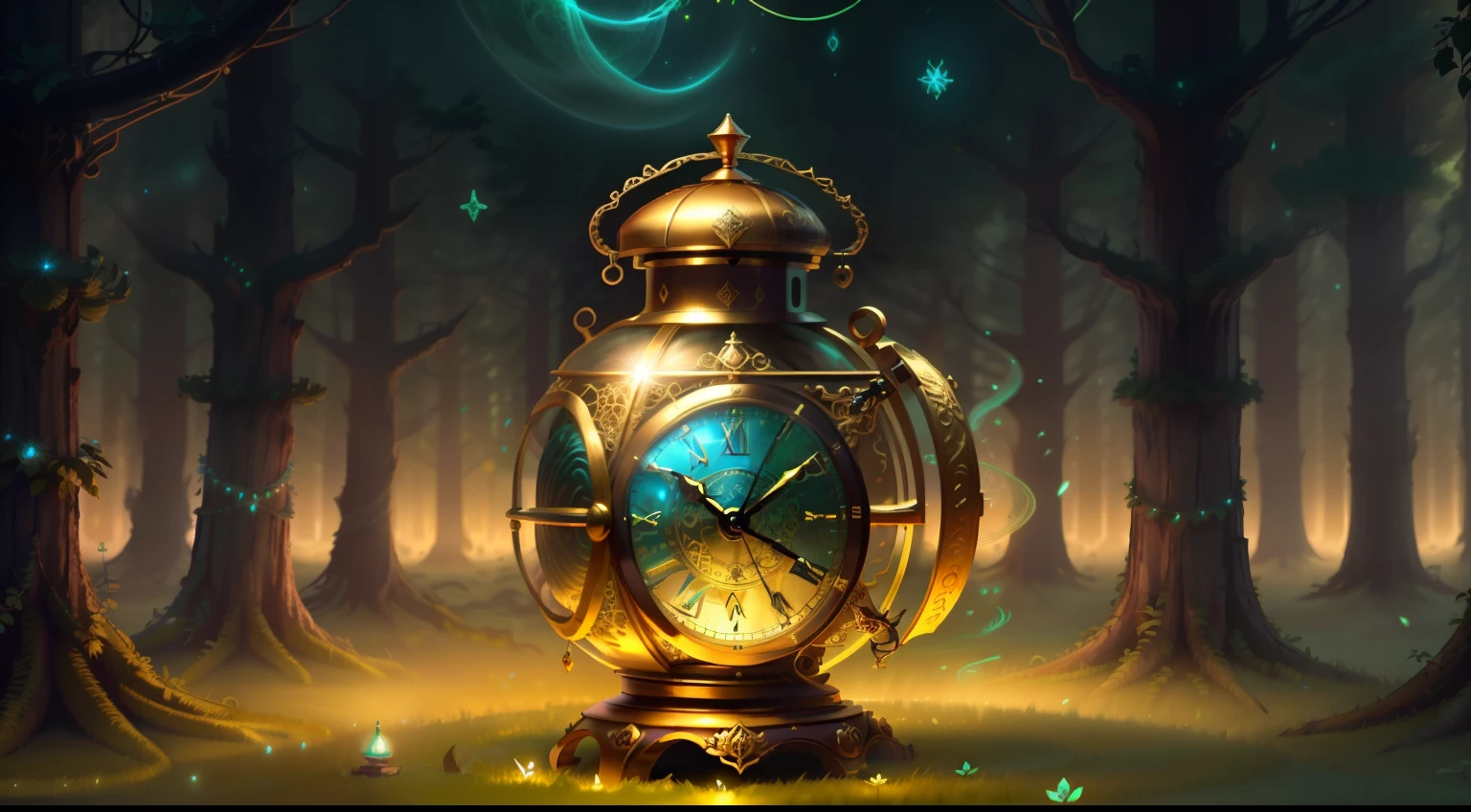 Photo of a large hand holding an antique gold watch, monstro, magia-fantasia-floresta, arte digital, most amazing art in the world, ((sem humanos)), Light Volumetric, cores suaves equilibradas, forest scenario, videiras, uhd, render de octanas 8k, magica, Awesome, ethereal, intrincado, design intrincado, ultra sharp, sombras, cores mais frias, trend in CGSociety, olhos brilhantes, ((melhor qualidade)), ((obra-prima)), (detalhado), antique clock