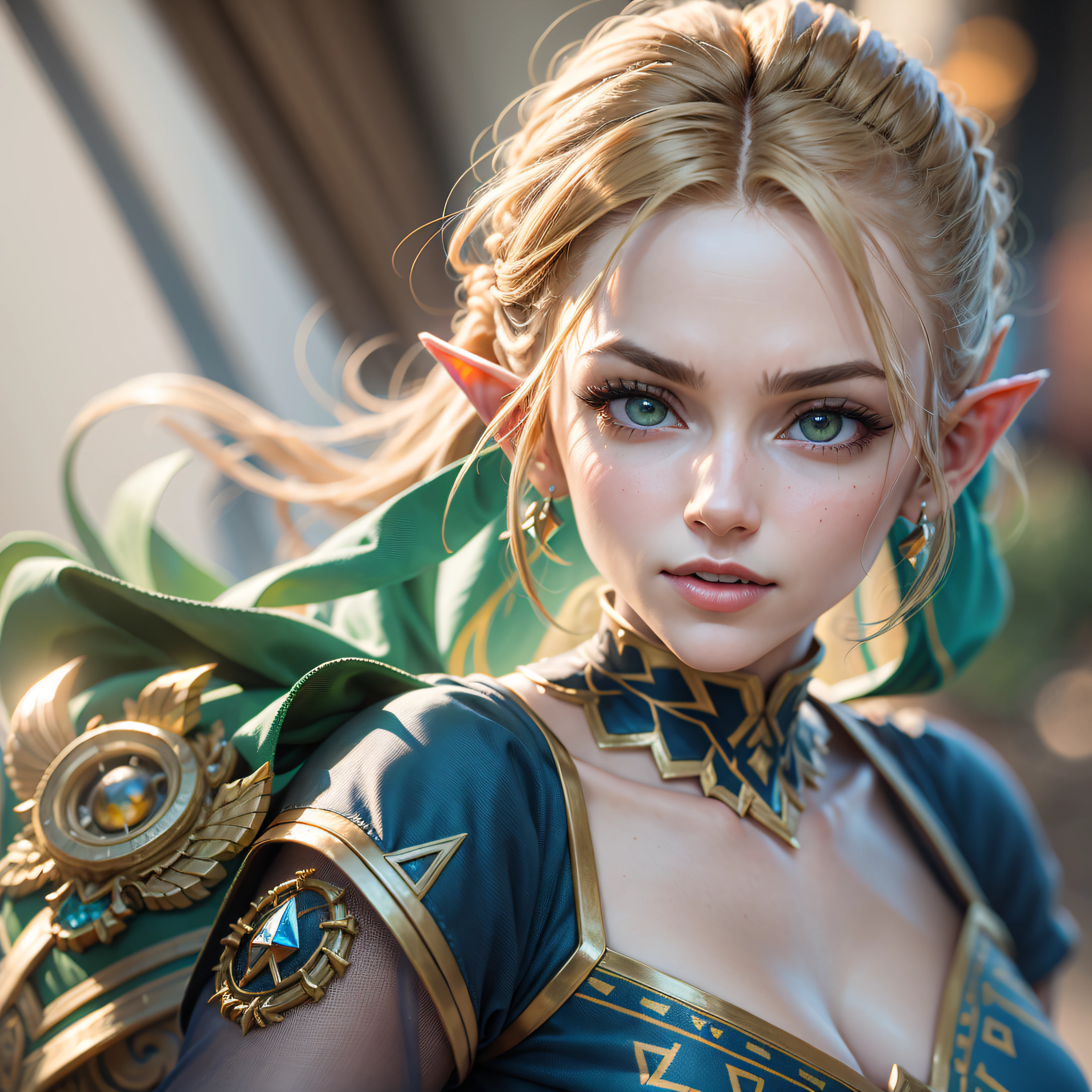 Mulher de cabelos loiros em roupa azul e bege segurando em poses de combate como em street fighter, lutando como em street fighter 2, guerreira, Zelda, Retrato de Zelda, de lenda de Zelda, Link da lenda de Zelda, link do Zelda, Fotos cosplay, Cosplay ornamentado, Cosplay profissional, Cosplay, Cosplay Completo, Artgerm Moody Fotografia, Princesa Zelda, Zelda como Triforce, Hyrule, Anime Garota Cosplay, ray-traced, 3d-render, extremanente detalhado, alta qualidade, Luz e sombra realistas, cabelos loiros, eye reflection, Sorriso leve, ray tracing, ray tracing, High detail, realismo, hiper-realismo, profundidade de campo, cinematic lighting, desfoque de movimento, brilho, luz brilhante, raios de deus, ray tracing, reflection light, Afterimage, multiple views, Reflexo da lente, Bokeh, 4k, UHD, Masterpiece, anatomicamente correto, pele texturizada, Super Detalhe, alta qualidade, best quality, 8k