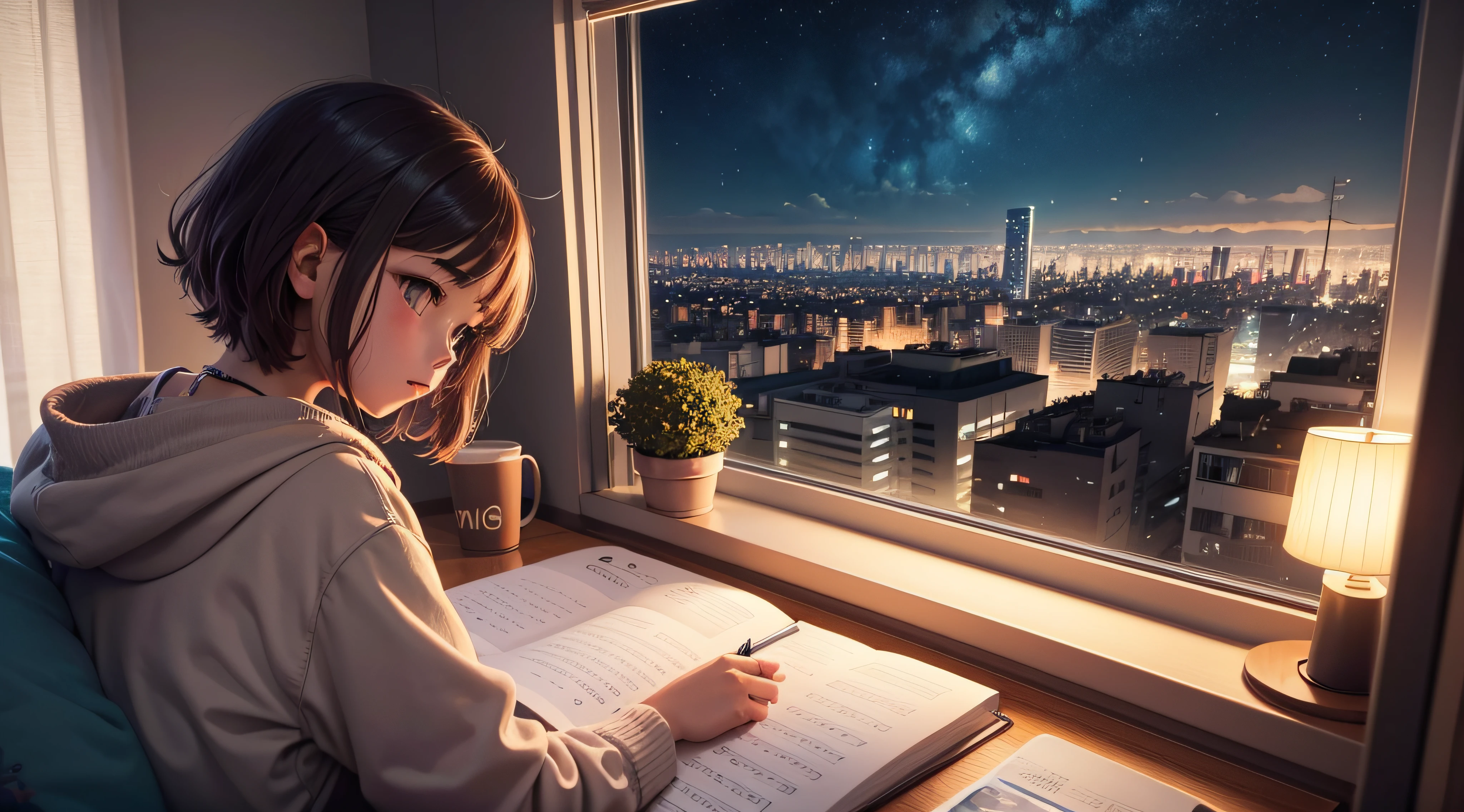 Lofi Music Anime Illustrations, uma em um quarto estudando, com livros, um notebook com uma pela vista de uma cidade a noite, escutando musicas enquanto se concetra nos estudos, uma atmosfera agradavel e um pouco escuro o quarto --auto