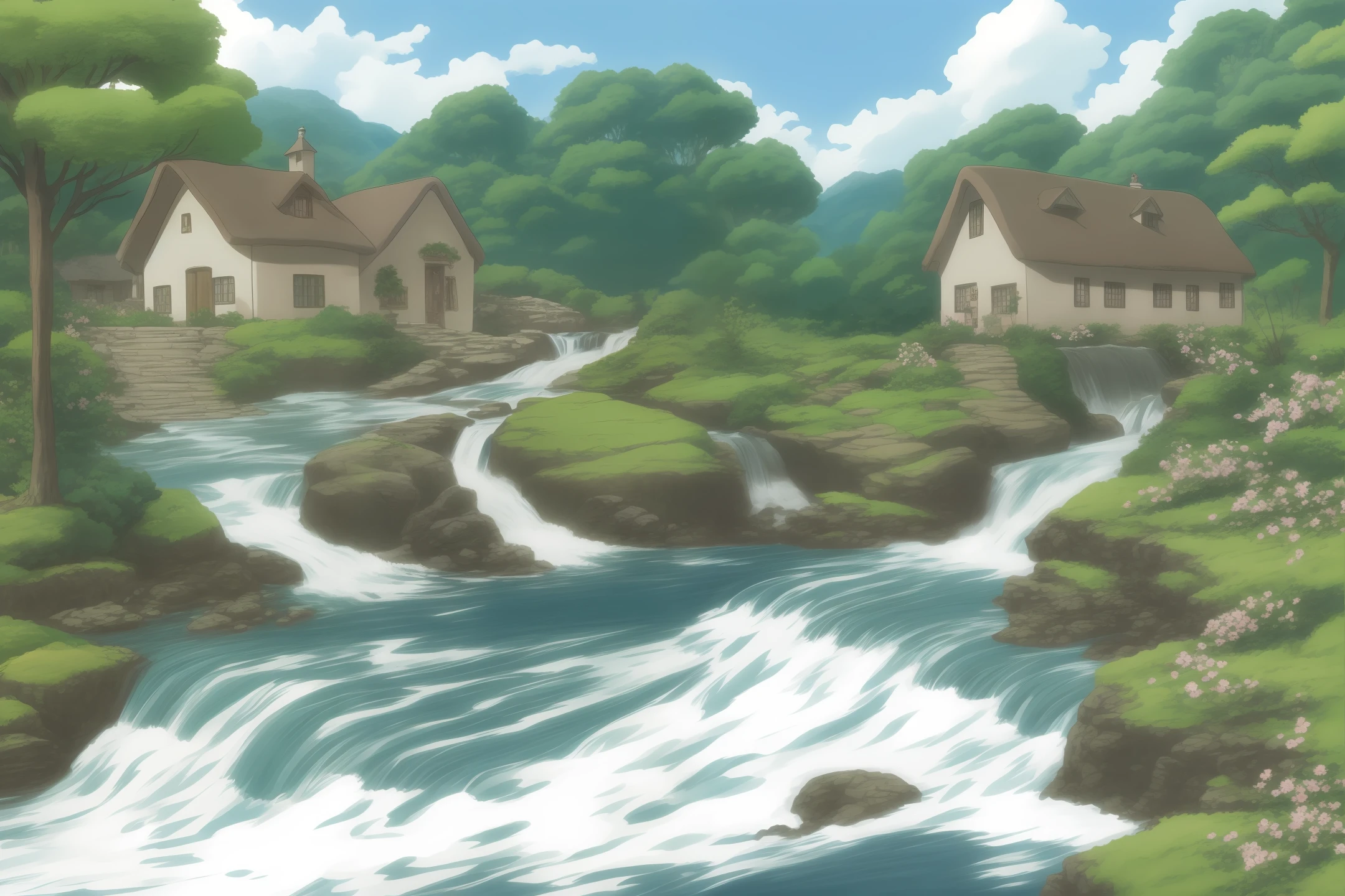 High mountains and flowing water，Country cottage，waterfallr，peach blossom，in style of hayao miyazaki