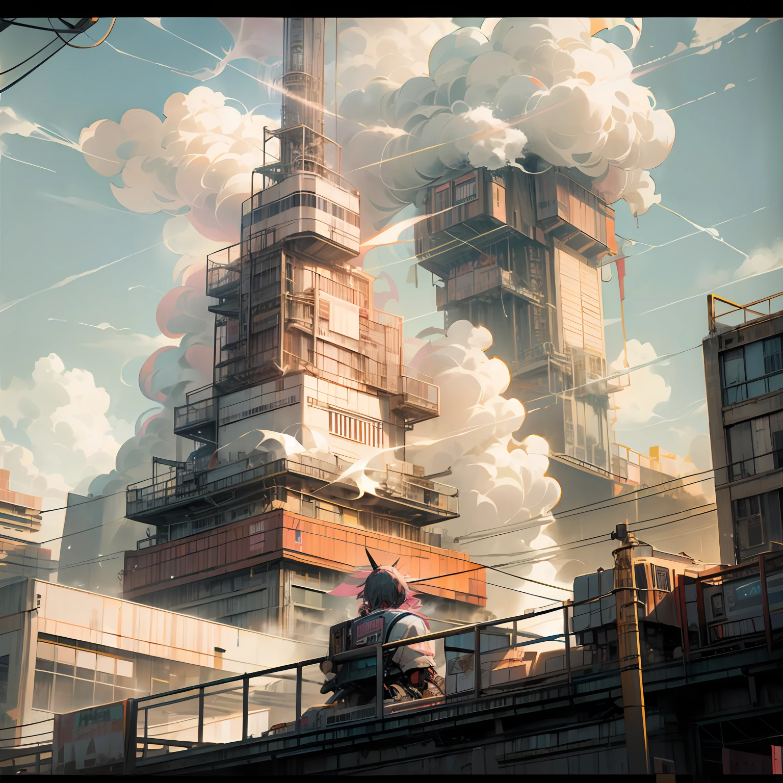 Punk City,(Orange light reproduced by white smoke),High-rise buildings in the sun,(1 slender maiden),(Locomotive GTR:1.2),(Vaporwave filter)。 --auto