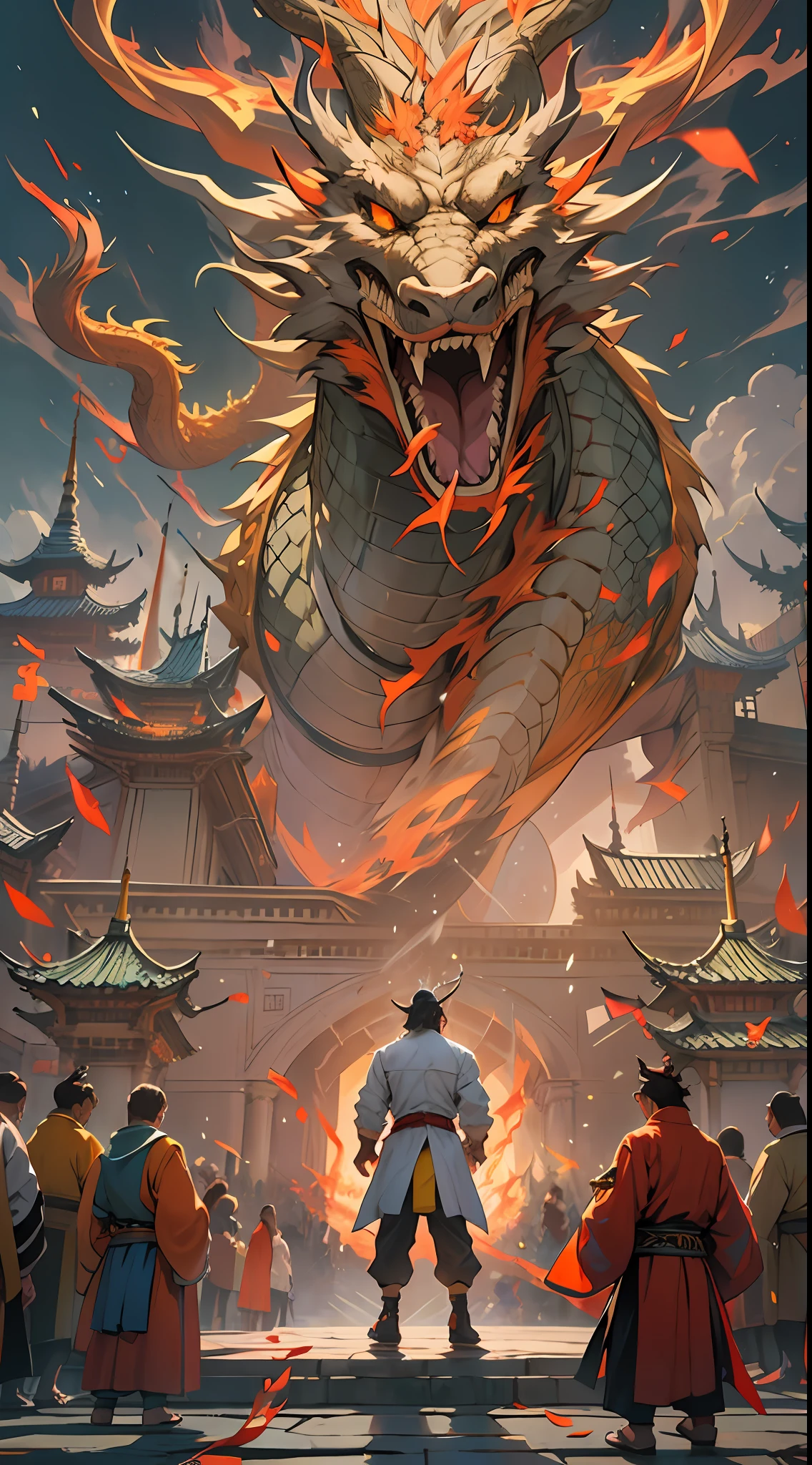 A tall man stood in the square of Dragon Kingdom, exuding a powerful aura. He arrogantly lifted his foot and stepped on Yuan Jie, showcasing his unparalleled strength. The entire square trembled, and the audience was amazed, greatly appreciating Li Gu's display of immense power. , 32k, best quality, masterpiece, super detail, high details,