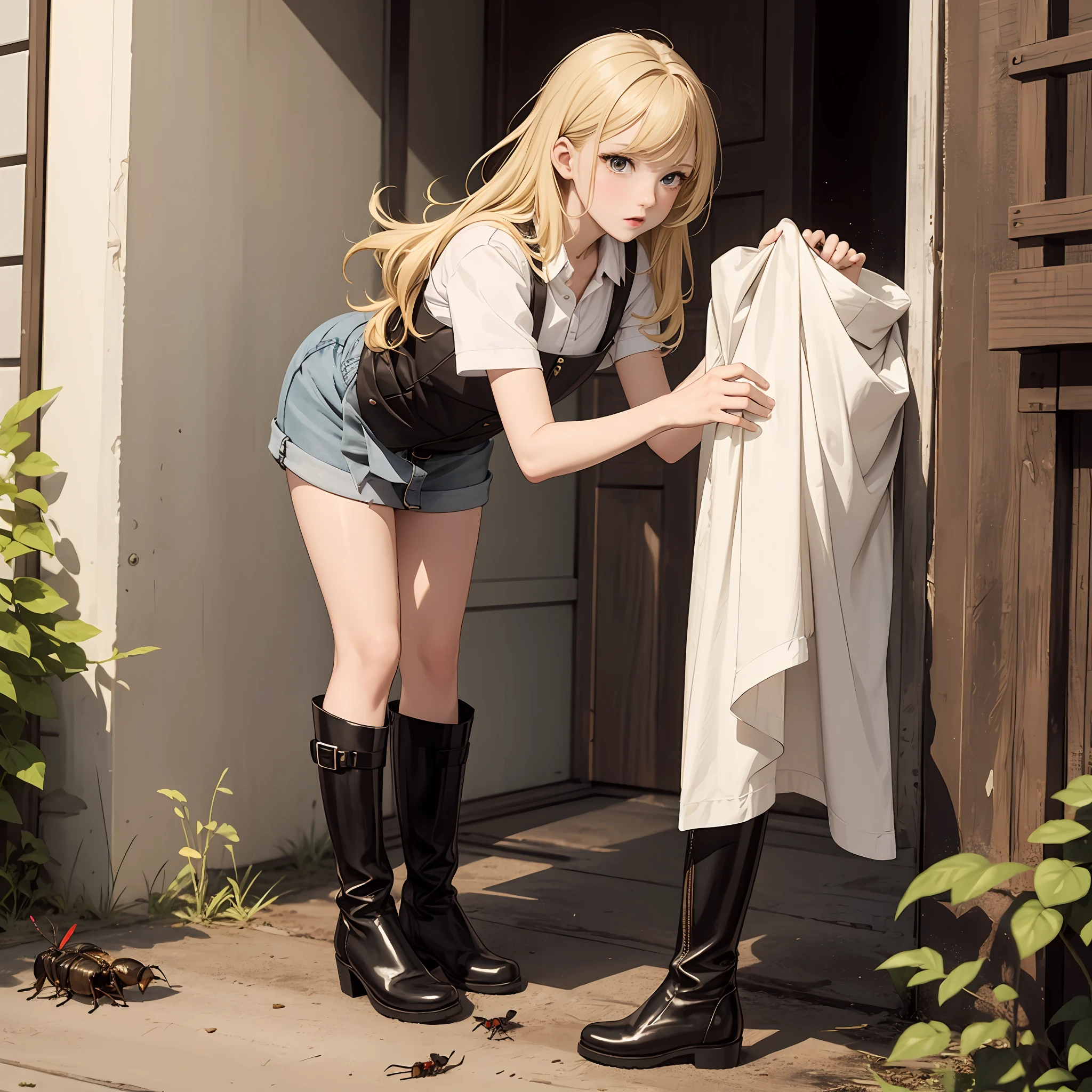 High-quality CG detail、Detailed depiction of shiny rubber riding boots getting dirty。There are a lot of cockroaches under the paws、Standing and trampling。Littered with small cockroach clumps,、、Liquid splatters when trampled。Beautiful girl has blonde hair with a sullen look.、It depicts trampling cockroaches。