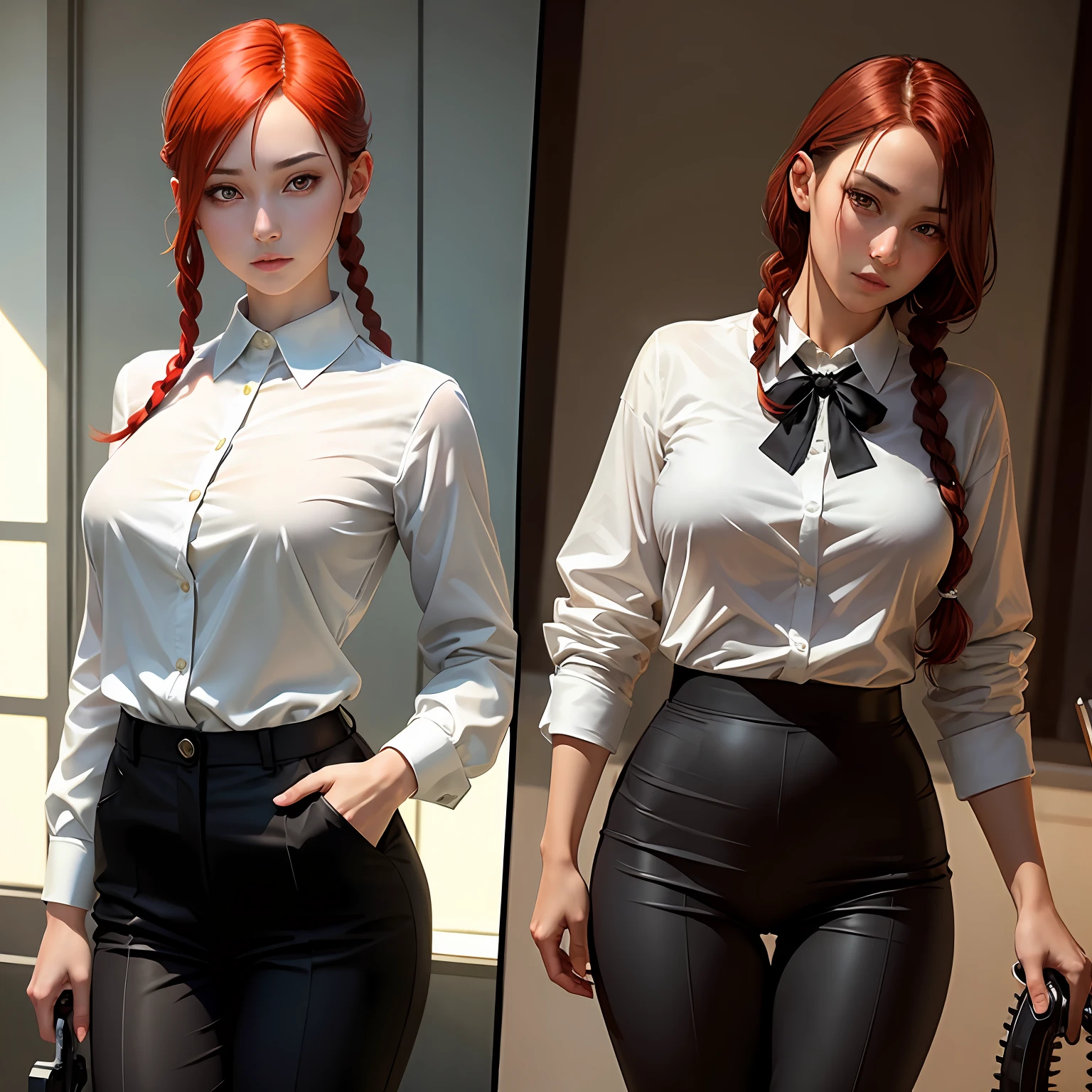 Delicate shiny skin, (realistic, fidelity:1.4), a beautiful girl, standing, looking out the window, white shirt, collared shirt, black tie, black pants, long sleeves, slight smile (nose red), yellow eyes + round eyes, short hair + red hair + long braids, makima \ (chainsaw man\) --auto
