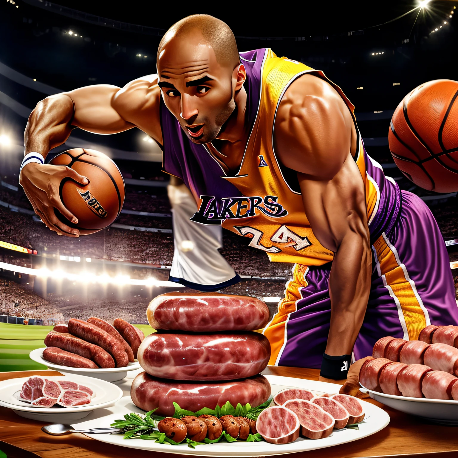 Basketball player Kobe Bryant eats ham sausages on a golf course --auto