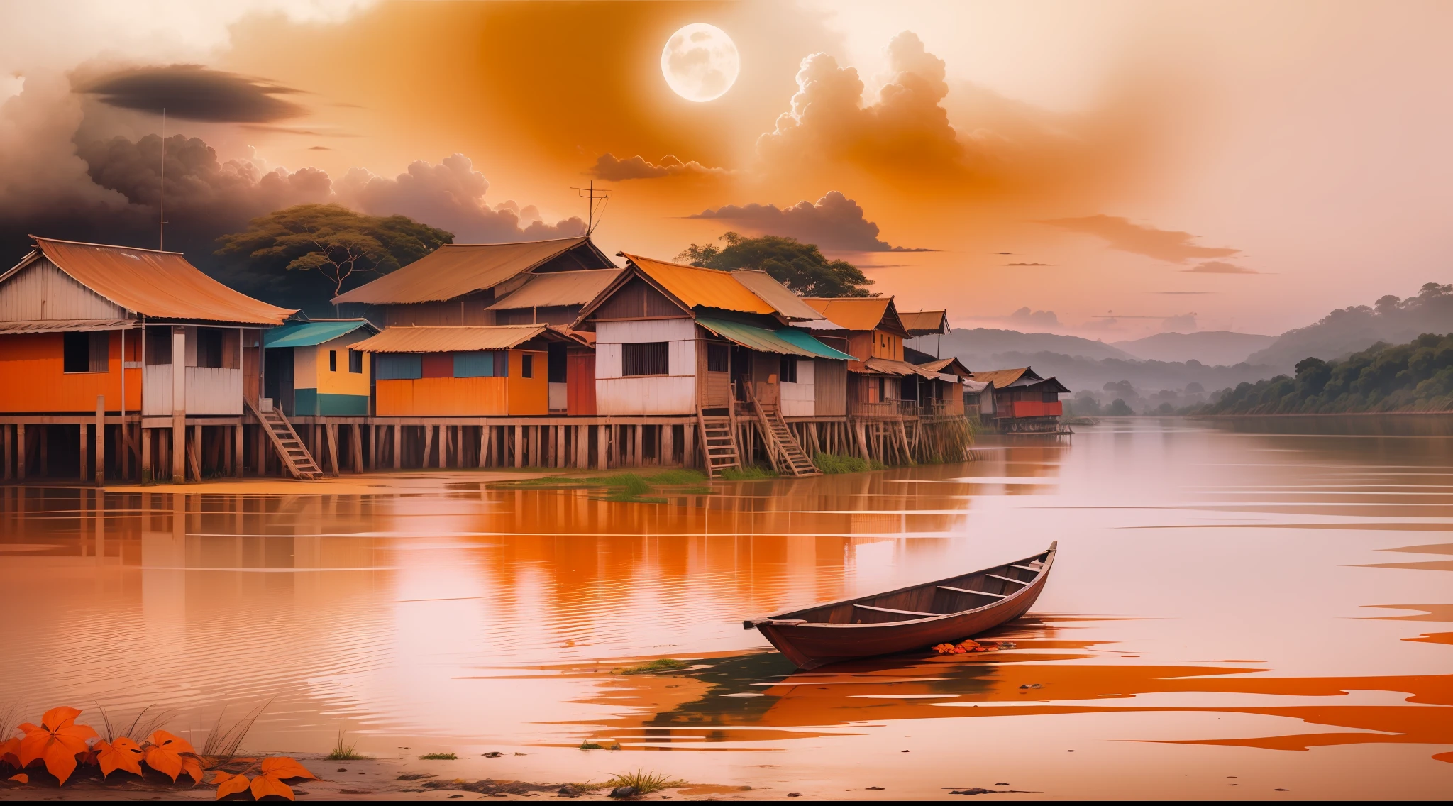 Pintura de tinta chinesa silenciada, cores silenciadas, textura do papel de arroz, tonalidade de respingo, houses on the banks of the Amazon River, Barco, Red sun in the sky. Lakeside. luz do fim da tarde. Wet clouds for wet techniques. Splendid composition.