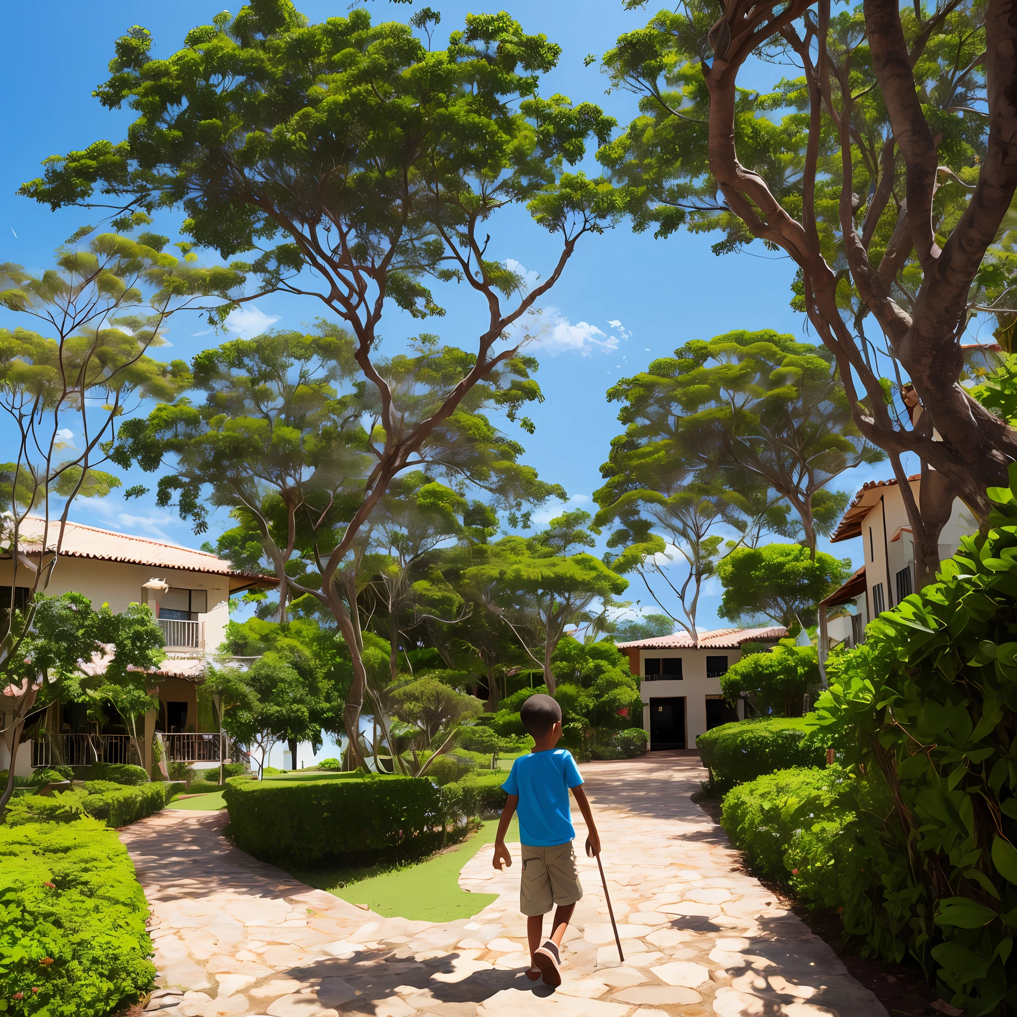 1 boy aventureiro, 6 anos, sorrindo, Walking towards the tree, destemido, camiseta colorida, bermuda azul, Brasil, jardim, birds, luz solar, piso, nuvens, quintal de casa, sementes estranhas