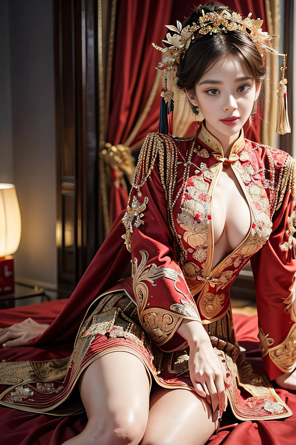 (Ultra-realistic 8K CG:1.2),Perfect artwork,delicate patterns,Complicated details,Heavy makeup,(Unbeatable masterpiece,Best quality at best:1.2),(extremly intricate:1.2),A woman in a red and gold dress,(Bare legs),Sexual temptation,Teasing expressions,Lift up your skirt,Facing the audience,Sleeping on the Bed,Phoenix crown,hair stick,(sitting on red bed),cosmetics,Be red in the face,is shy,black_Hair,looking-down,cosmetics,(forehead dot),(2 red candles),Chinese_clothes,窗帘,耳Nipple Ring,Hair_decorations,Hanfu,inside in room, jewely,rednails,Long_Sleeves,reddress,Redlip,nipple tassels,(Red quilt),(red palace:1.2),(Chinese Ancient Architecture),(rot:1.8),natta