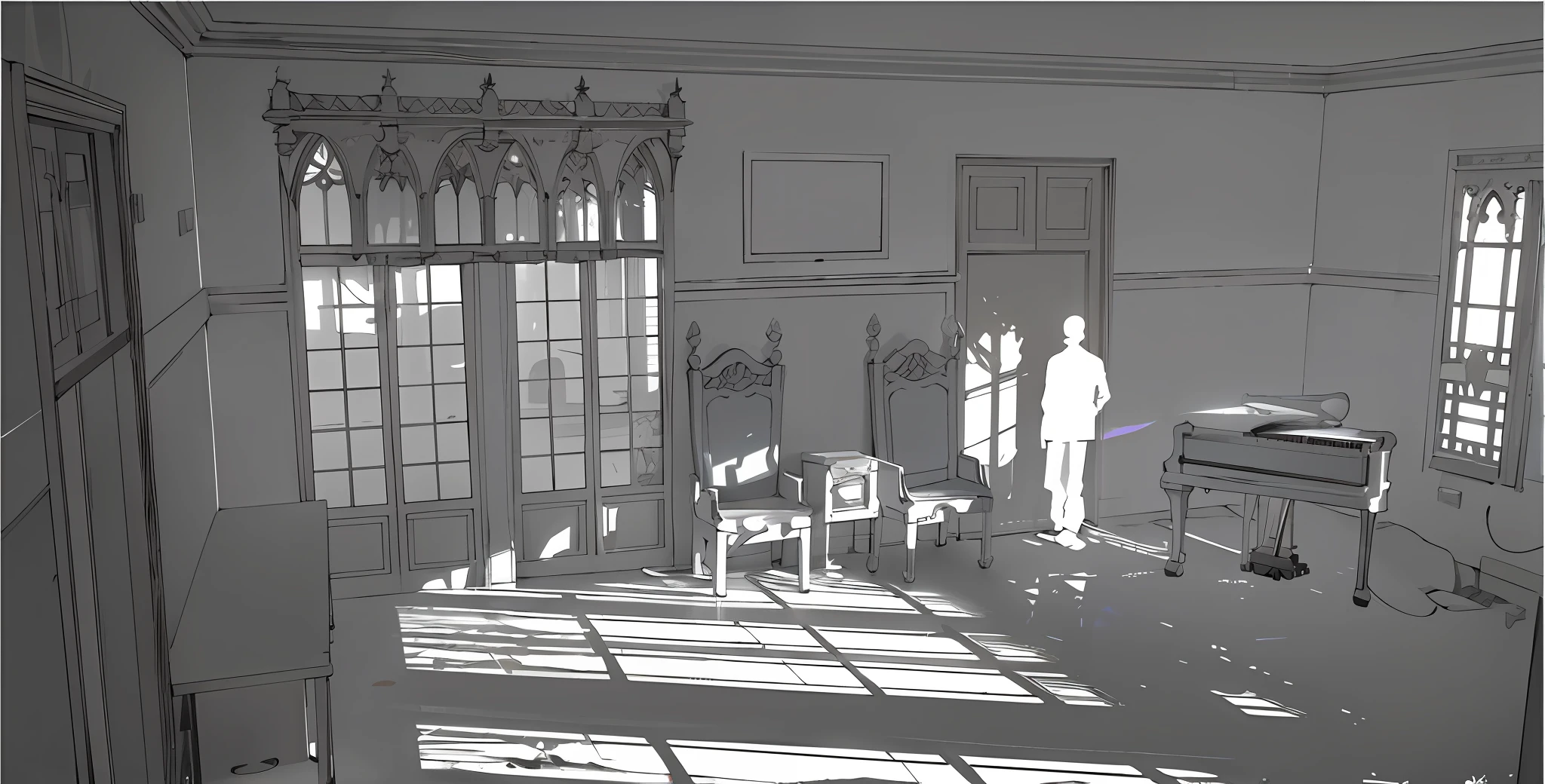 there is a man standing in a room with a piano, detailed with shadows, volumetric shadows and lighting, volumetric lighting and shadows, raytraced lights and shadows, ambient reflective occlusion, volumetric light and shadow, an ambient occlusion render, ambient occlusion render, volumetric lighting & shadows, raytraced lighting, volumetric noon lighting