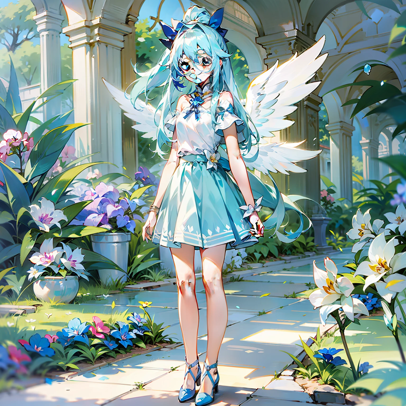 Campus background,12-year-old girl,lightblue hair,With a long ponytail,an orchid flower,Light blue 10cm heels,Light blue bow,White top,cropped shoulders,Short light blue skirt,light blue hair,Light eyes,white clothes,thin very long legs,Angel white wings,Cute and sweet,Rejoice,full bodyesbian,high high quality