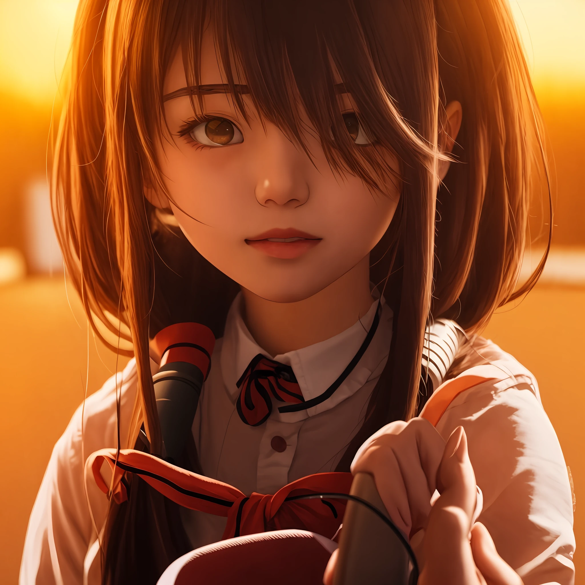 anime girl with long hair and a white shirt holding a microphone, anime visual of a cute girl, close up, gapmoe yandere, anime moe artstyle, anime. soft lighting, anime best girl, with red glowing eyes, with index finger, by Jin Homura, tokisaki kurumi