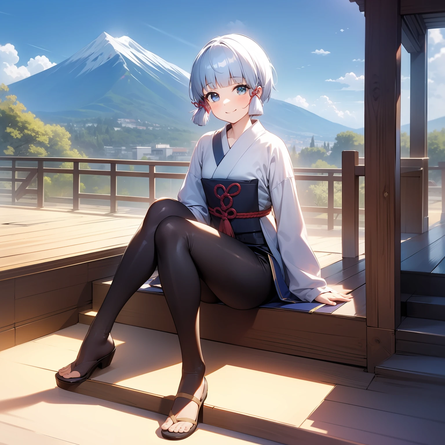 kamisatoayakaspring, full body, sitting, smile, blush, outdoors, day, simple background, blue sky, short hair, sky, temple, looking at viewer, sitting on stairs, mountain, moody lighting,
