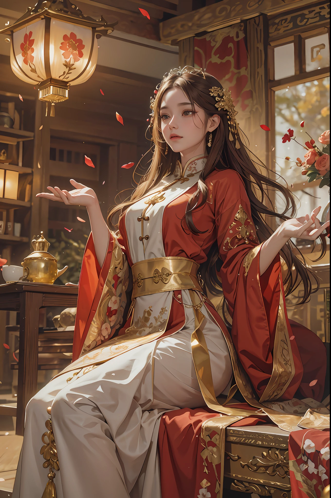 best quality, masterpiece, highres, (exquisite body:1.5),gorgeous face,(milky skin:1.3),intricate details,high resolution,wallpaper,
1girl, solo, dress, hair ornament, (((gold and red dress))), flowers, long hair, brown hair, closed mouth, jewelry, long sleeves, hand up, wide sleeves, big eyes,floating hair, chinese clothes, hanfu, embroidery, long skirt, natural pose, falling petals, indoor,fanning, lantern,
16K,HDR,highres,depth field,(film grain:1.1),boken,golden hour,(lens flare),vignette,rainbowing,(color grading:1.5)