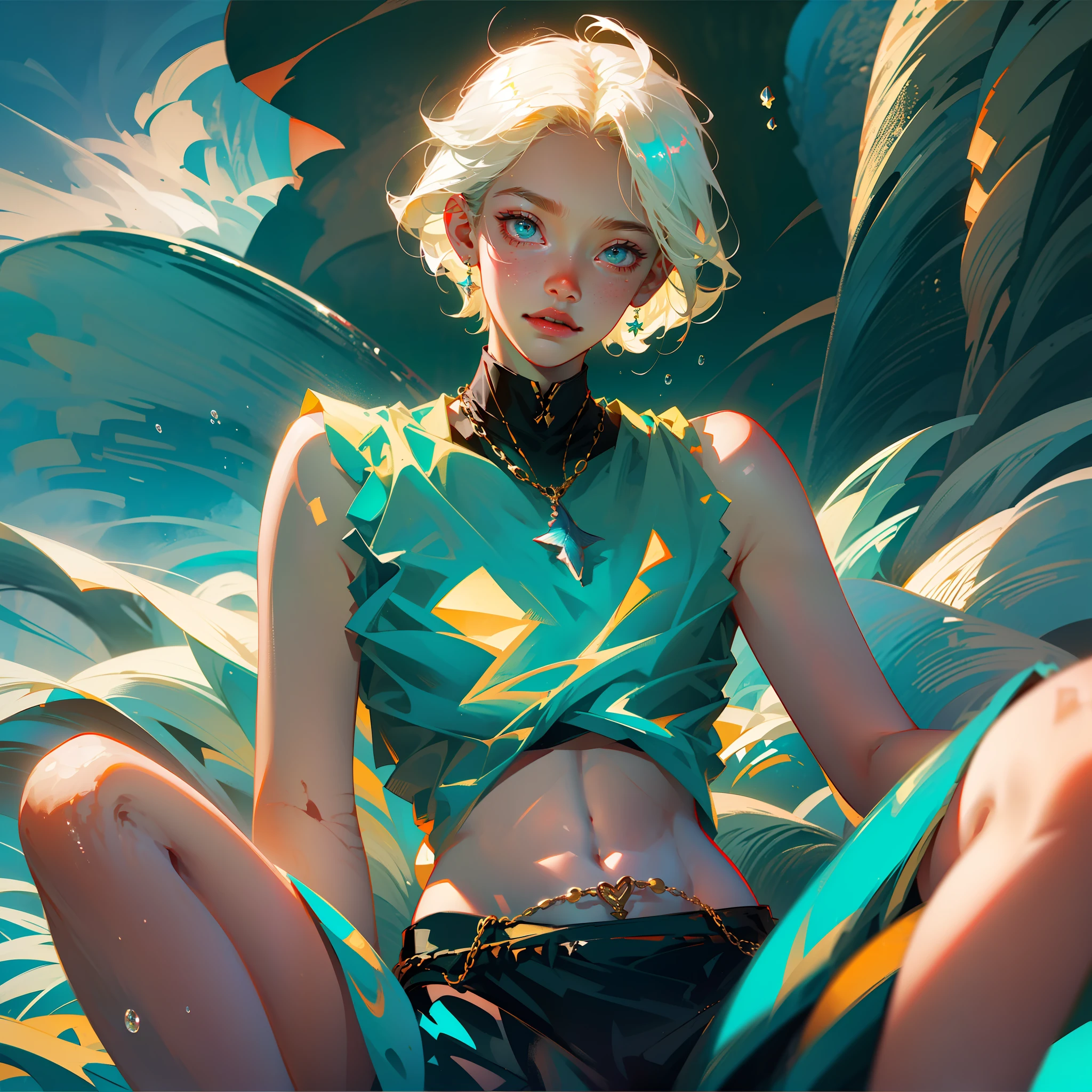 ((masterpiece)),(((best quality))), (high-quality, breathtaking),(expressive eyes, perfect face), 1boy, solo, male, short, young, 18 yo boy, short blonde hair, red eyes, smiling, slim, beautiful scenery, sea, under the sea, beautiful fishes, shirtless, speedos, diving, beatiful color of the sea --auto