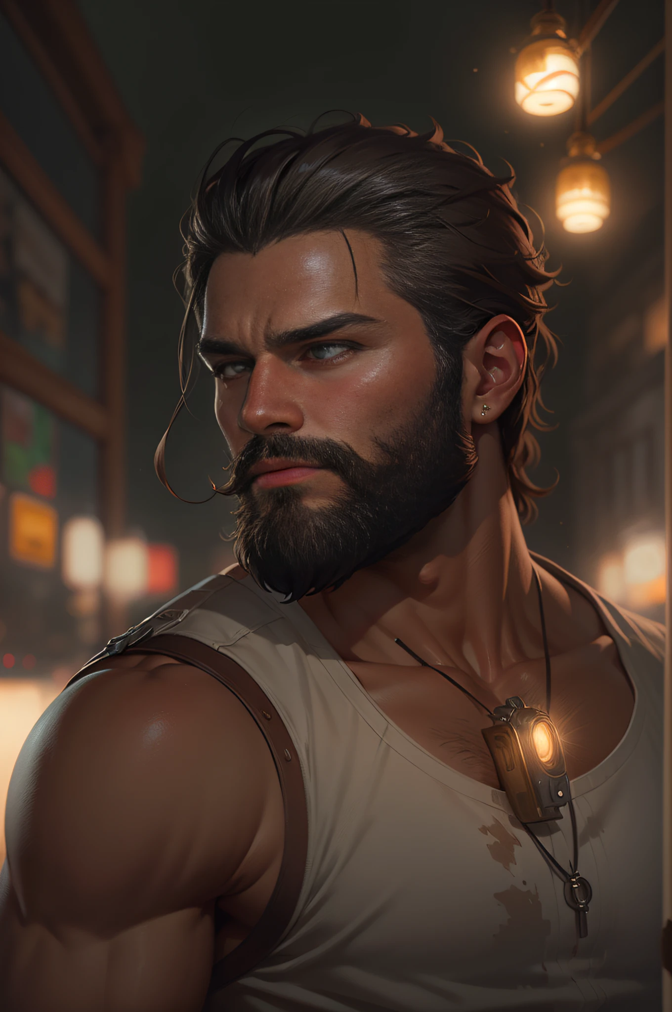 portrait of a bearded man with hazel eyes, hazel colored eyes, handsome, muscular, intricate, elegant, glowing lights, muscular, highly detailed, digital painting, artstation, concept art, smooth, sharp focus, illustration, art by wlop, mars ravelo and greg rutkowski