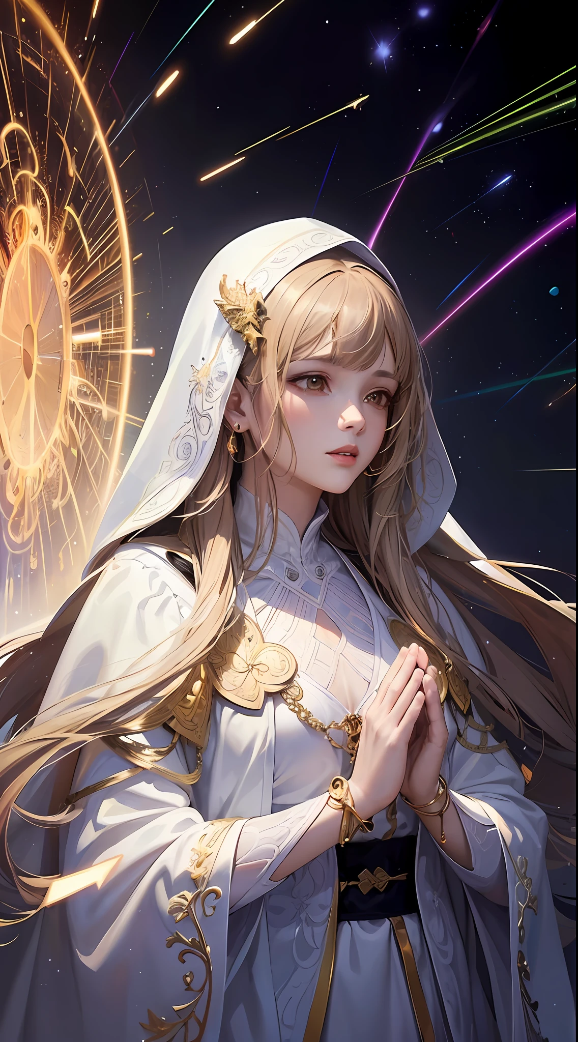 (masterpiece, top quality, best quality, official art, beautiful and aesthetic:1.2), (1girl), extreme detailed, (fractal art:1.3), colorful, highest detailed, perfect face, upper body, HDR, (praying:1.3), (white cloak golden lines:1.2), galaxy, (light streaks), striking visuals, (dynamic streaks, luminous trails:1.2), vibrant colors,