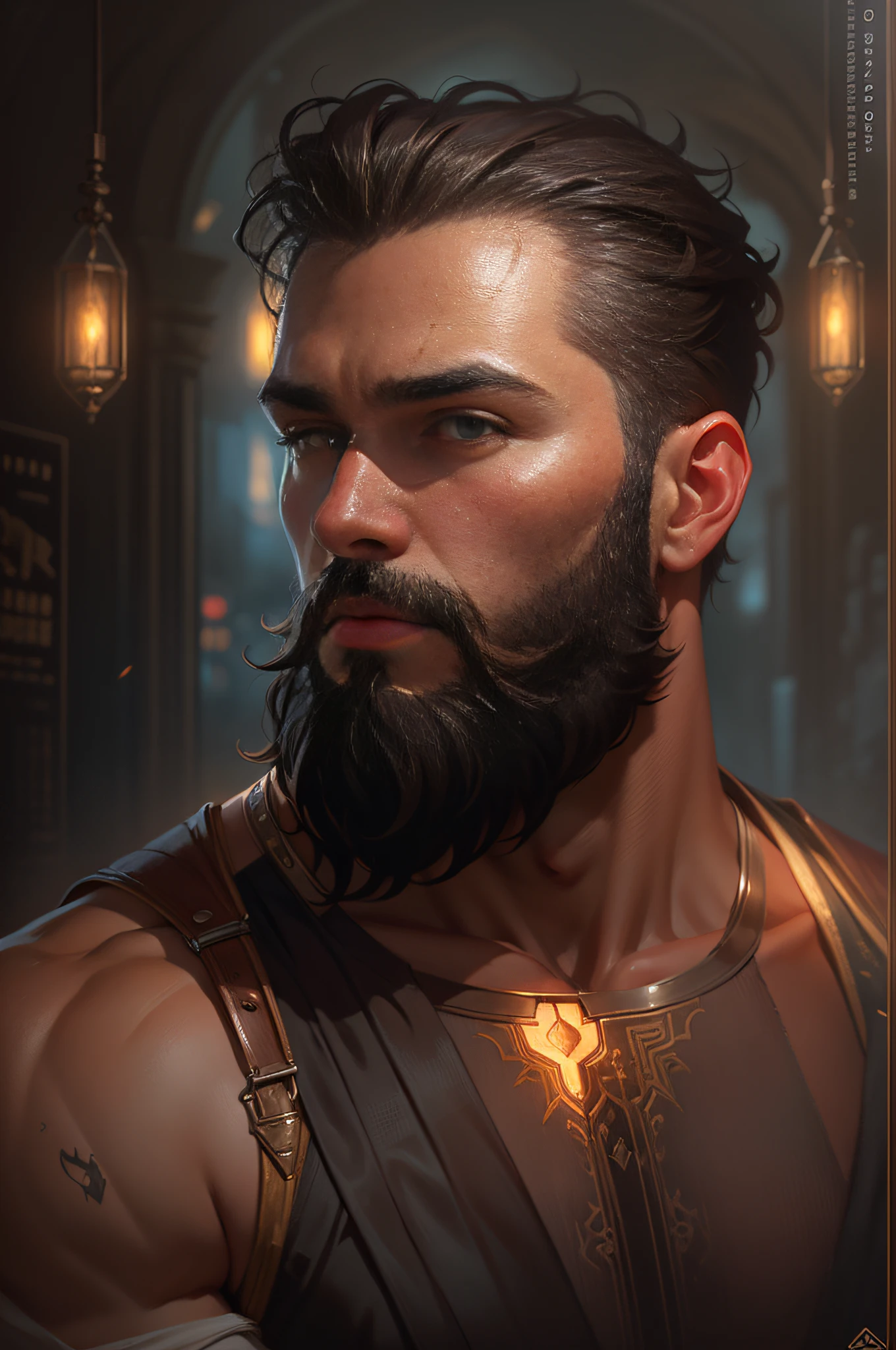 portrait of a bearded man with hazel eyes, hazel colored eyes, handsome, muscular, intricate, elegant, glowing lights, muscular, highly detailed, digital painting, artstation, concept art, smooth, sharp focus, illustration, art by wlop, mars ravelo and greg rutkowski