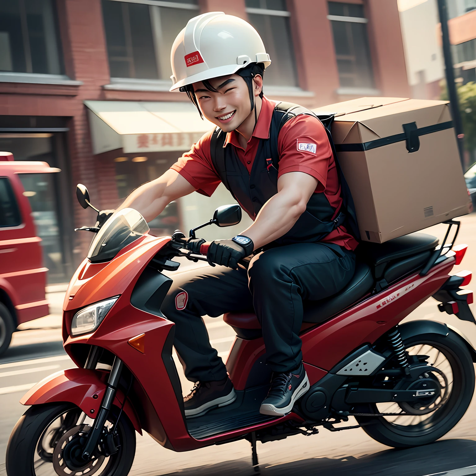 This is a picture depicting a Chinese delivery guy delivering food，You can see the delivery guy riding an electric car，Carrying a takeaway box in his hand，He was wearing the uniform of a takeaway platform，A hard hat is worn on his head，With a smile on his face。He looks happy and professional，It gives a feeling of warmth and trust。 --auto