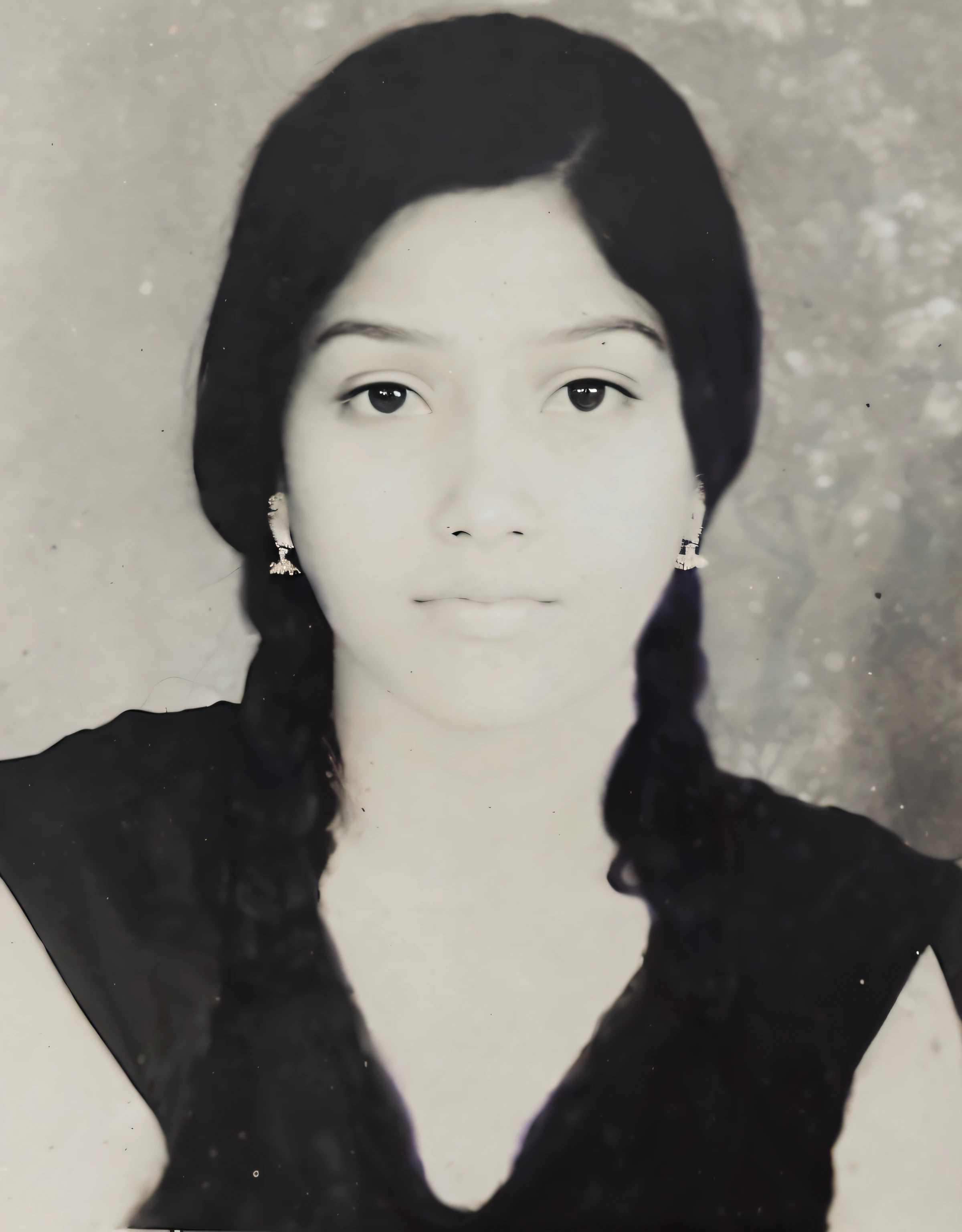 portrait of a indian girl, restore and color, dark theme, ultra resolution, hyper realistic, hdr, absyrdres, cinematic shot, vignette, centered, short DOF, a closeup portrait of a high school girl, indian, fair skin, looking at camera, black eyes, black hair,  missing teeth, narrow face dark skin, wide shoulders, weathered by sun and sat water, camera focus on two eyes, high focal length, dslr, 200mm lens, photo by Cristina Otero, dark studio, rim lighting, two tone lighting, dimly lit, low key, backlight,
